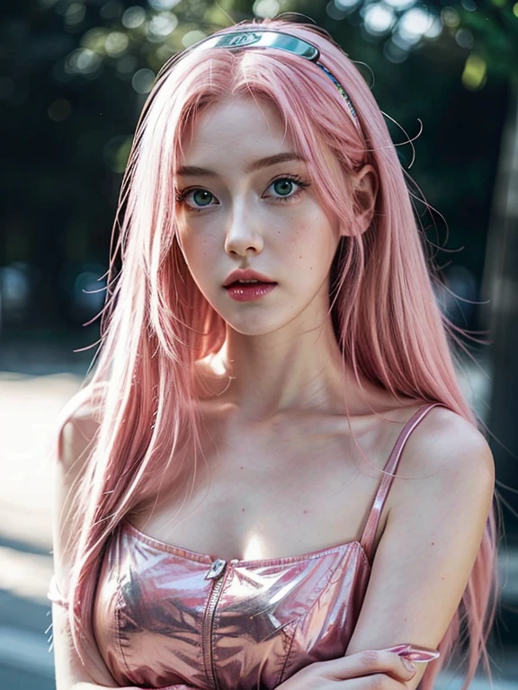 young woman, long pink hair, wide forehead, porcelain skin, pink eyebrows, big emerald green eyes, buttoned nose, thick lips, heart-shaped face, slender body, small breasts, pink leather dress, Sakura Haruno, realistic, realism black details 3d