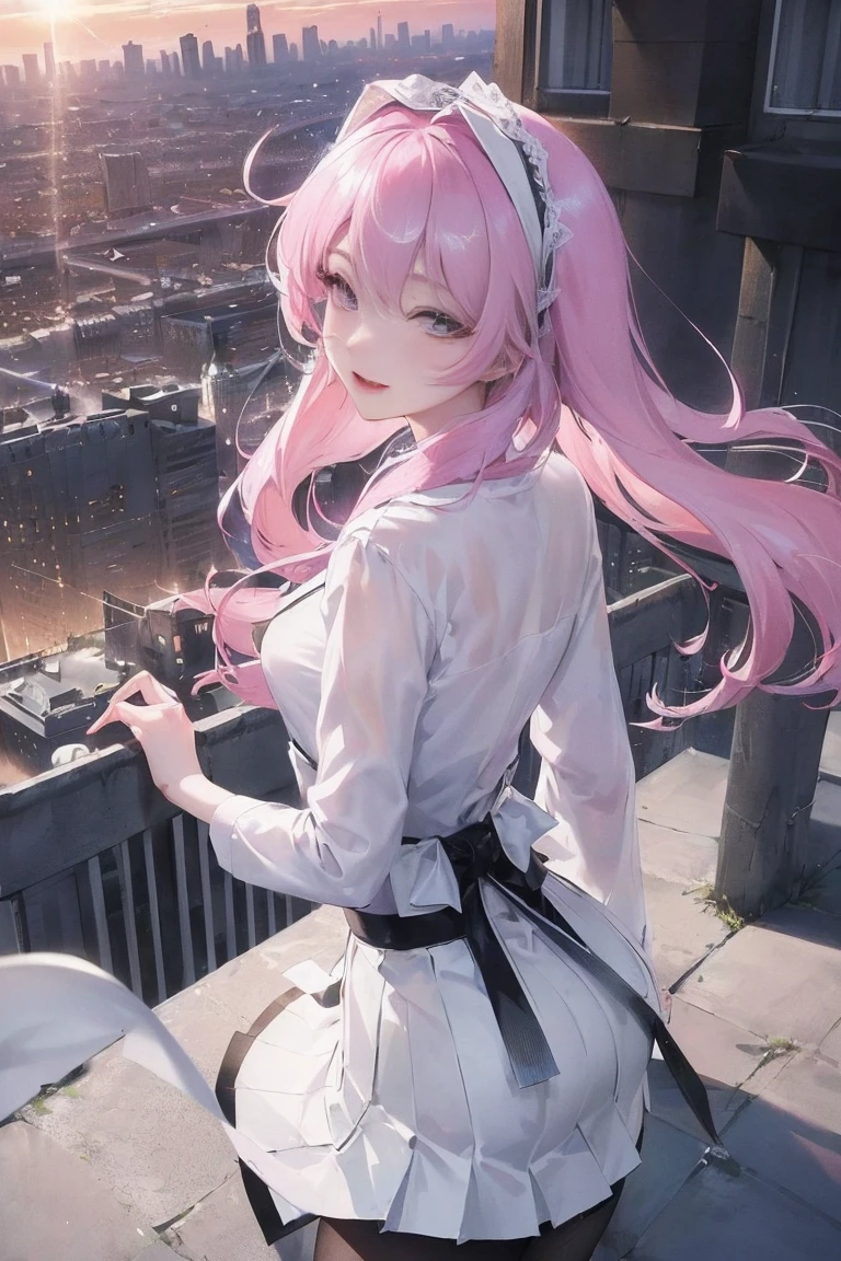 official art, masterpiece, Sharp focus beautiful gorgeous cute korean woman:1.3), (beautiful and cute korean:1.3), Korean beauty, exquisite beautiful hair、eyes and face, actual, Super detailed, beautiful girl, Luminous white particles, (side light:1.2), sunshine, Baiyun, Detailed cloud, Slender, buttocks, smile with teeth, ((smile with eyes, open your eyes)), landscape, long, straight hair, sexy facial expression, architecture, (city View:1.7), dynamic hair, long, straight hair, Detailed platinum pink hair, Luminous Blue Eyelue Pleated Shirt + Short white skirt), white stockings, pale skin, hair accessories, epic landscape,night,Nice butt,Beautiful buttocks,The skirt is lifted,露出Nice butt