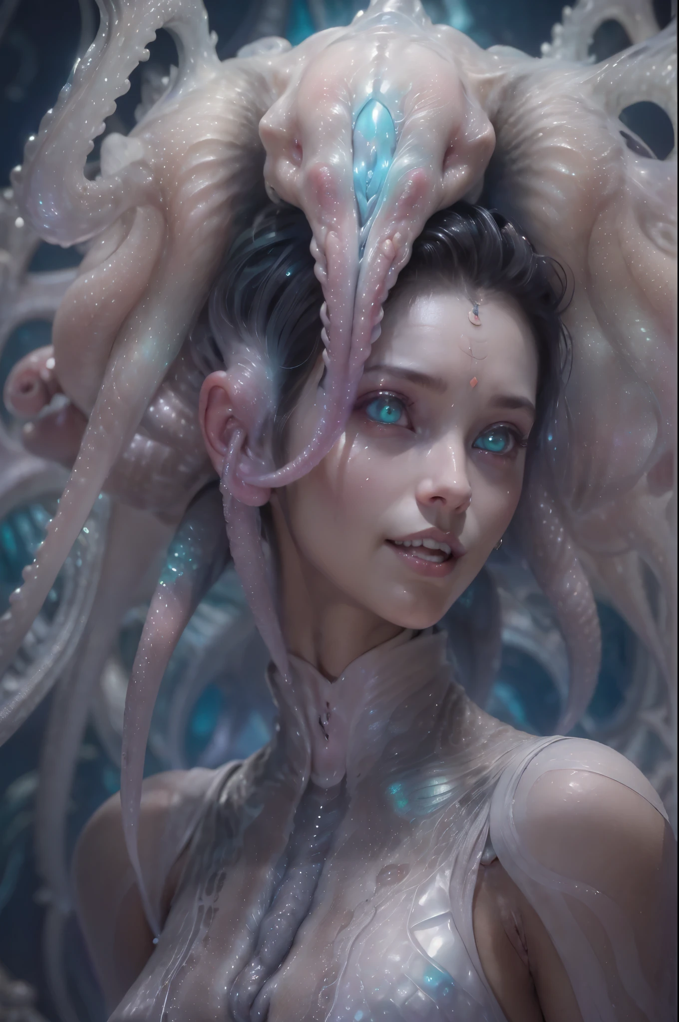 (A portrait of one beautiful and obscene female alien who is a young teenager:1.4), ((There is a female genital-like organ in the middle of her forehead:1.8)), (realistic face:1.2), (Numerous award-winning masterpieces, with incredible detail, textures and maximum detail), artistic photography, midnight aura, unreal engine 5, Ultra Sharp Focus, art by Amano Yoshitaka, ArtGerm, Roisch, intricate artwork, ultra realistic realism, high resolution, High freshness, drawing faithfully, official art, Unity 8K Wall paper, ultra detailed artistic photography, dream-like, Creation of fantasy, dream Snail, (biopunk nautilus:1.3),Thrilling color schemes, seductively smiling, Amazing mutation, well-proportioned body, goddess of the deep sea, fractal, Geometric pattern, impossible figures, (translucent white tentacles with luminescent organs:1.4), subtle emerald green accents, (smiling seductively:1.3),(She has the most beautiful face in the history of the universe:1.5), Penelope Cruz, (she is looking down at viewers with glowing iridescent eyes with no pupils:1.3), an evil gaze that seduces, cinematic lighting, (Vampire-like long canine teeth can be glimpsed through the gap between the cute lips:1.3), in the hall of the palace, Sweet breath is exhaling from beautiful lips, ecstatic expression, (Climax expression during intercourse:1.5)