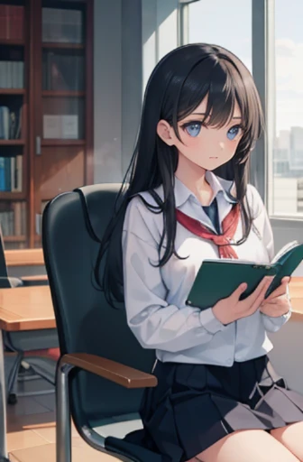 A girl in a high school uniform with long black hair sits on a chair by the library window and reads in front of a desk.