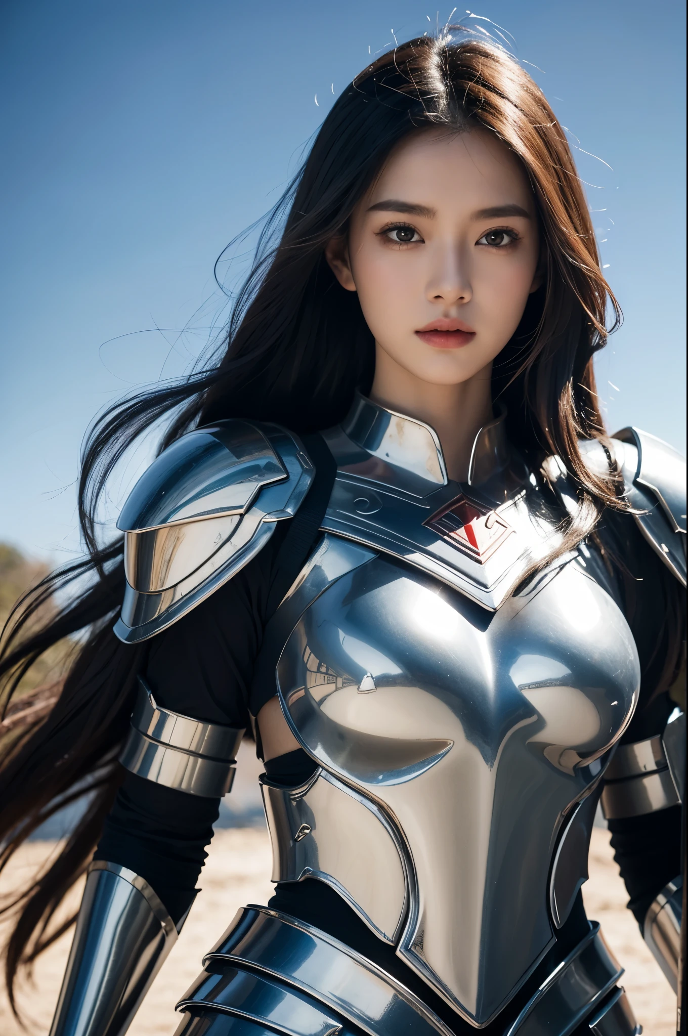 (top-quality,masterpiece),Close up portrait of woman in silver and red dress posing,Colossal ,美丽的面容,well proportioned face,Bunching up long hair,detailed fantasy art、closes mouth,Fanart Meilleure ArtStation、epic exquisite character art、Dragon helmet,Beautiful armor、Armor with intricate details,extremely detailed art germ、Detailed Digital Anime Art、armor girl,valkyrie,Painted on the waist,