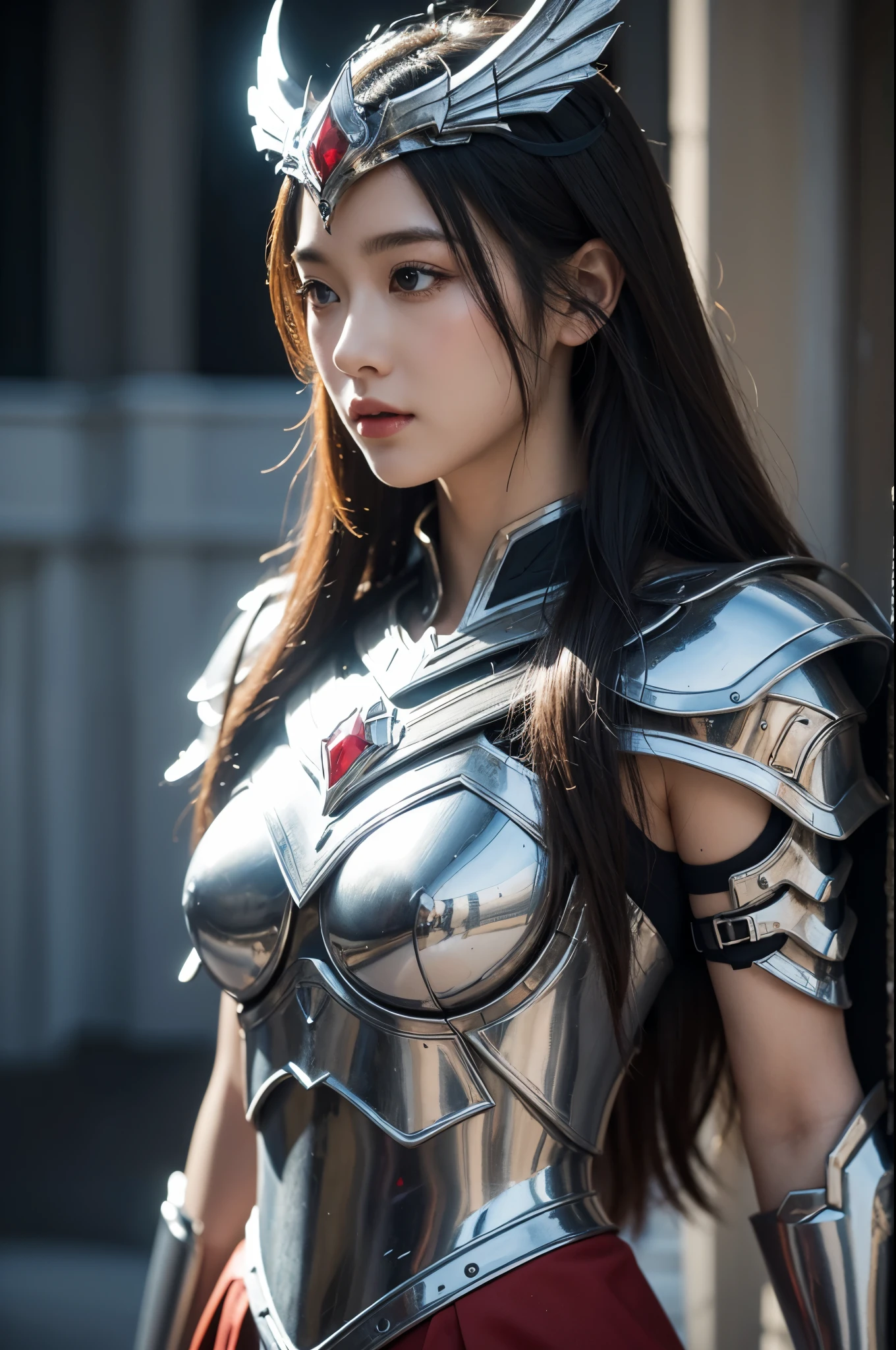 (top-quality,masterpiece),Close up portrait of woman in silver and red dress posing,Colossal ,美丽的面容,well proportioned face,Bunching up long hair,detailed fantasy art、closes mouth,Fanart Meilleure ArtStation、epic exquisite character art、Dragon helmet,Beautiful armor、Armor with intricate details,extremely detailed art germ、Detailed Digital Anime Art、armor girl,valkyrie,Painted on the waist,