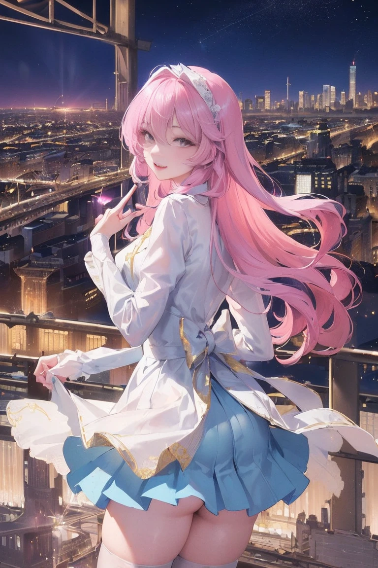 official art, masterpiece, Sharp focus beautiful gorgeous cute korean woman:1.3), (beautiful and cute korean:1.3), Korean beauty, exquisite beautiful hair、eyes and face, actual, Super detailed, beautiful girl, Luminous white particles, (side light:1.2), sunshine, Baiyun, Detailed cloud, Slender, buttocks, smile with teeth, ((smile with eyes, open your eyes)), landscape, long, straight hair, sexy facial expression, architecture, (city View:1.7), dynamic hair, long, straight hair, Detailed platinum pink hair, Luminous Blue Eyelue Pleated Shirt + Short white skirt), white stockings, pale skin, hair accessories, epic landscape,night,Nice butt,Beautiful buttocks,The skirt is lifted,