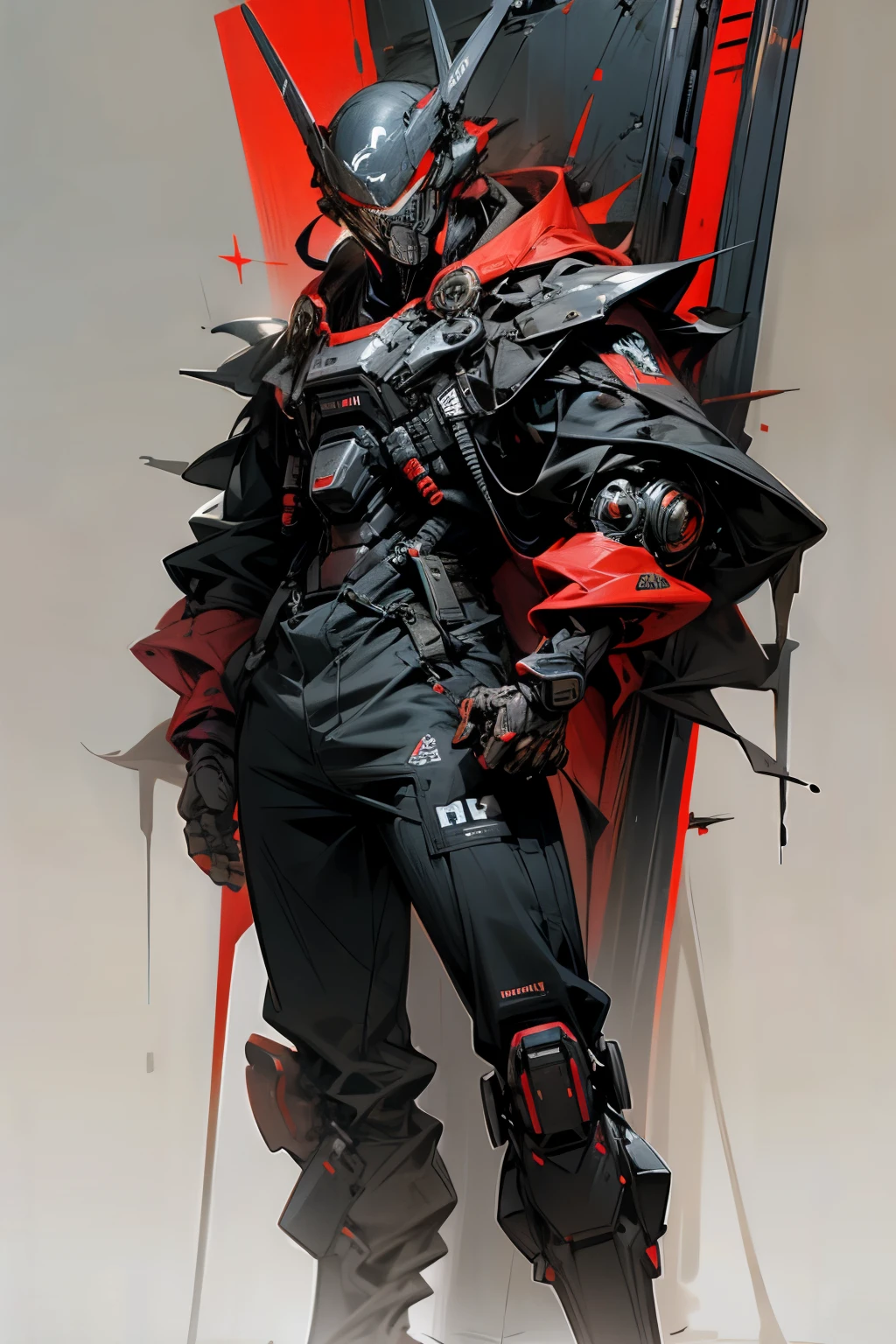 Humanoid Weapon of Mass destruction. Red/Black Color scheme, Standing Still with hands down. Picture taken from front, person looking at the Camera. Man facing at Camera, center of the screen