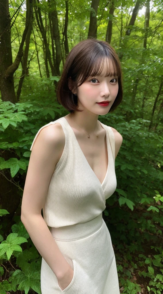 (actual, high resolution:1.3), 1 A 45-year-old Japanese woman with a perfect figure, The face shape and eyes are super delicate, short hair, Wrap your chest，Tight skirt wrapped around hips, in the forest, big breasts, Naked trench，long legs，High heel，Full body image