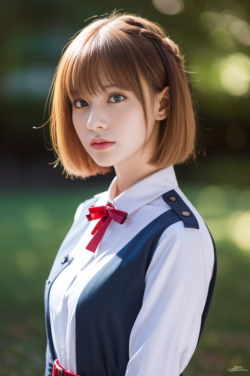 chisatonishikigi, nishikigi chisato, short hair, bangs, blonde hair, (red eyes:1.5), hair ribbon, one side up, bob cut,
BREAK shirt, long sleeves, dress, ribbon, white shirt, collared shirt, belt, neck ribbon, red dress, blue ribbon, pleated dress, grey dress, two-tone dress, red belt, lycoris uniform,,
BREAK outdoors, city,
BREAK looking at viewer, BREAK (masterpiece:1.2), best quality, high resolution, unity 8k wallpaper, (illustration:0.8), (beautiful detailed eyes:1.6), extremely detailed face, perfect lighting, extremely detailed CG, (perfect hands, perfect anatomy),