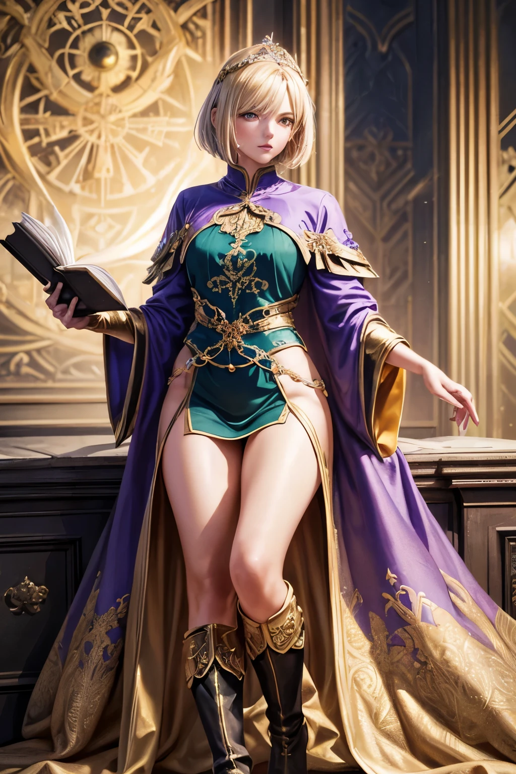 (Best quality,a high resolution),(Realistic:1.37)Aasimar with golden hair, an angel, blonde, bob haircut, reaching right eye, 2b, glowing eyes, a tiara, flowy purple coat with green blouse, golden halo above head, holding a book of spells in his left hand, full body figure, black boots, in a dark fantasy atmosphere, fantasy character