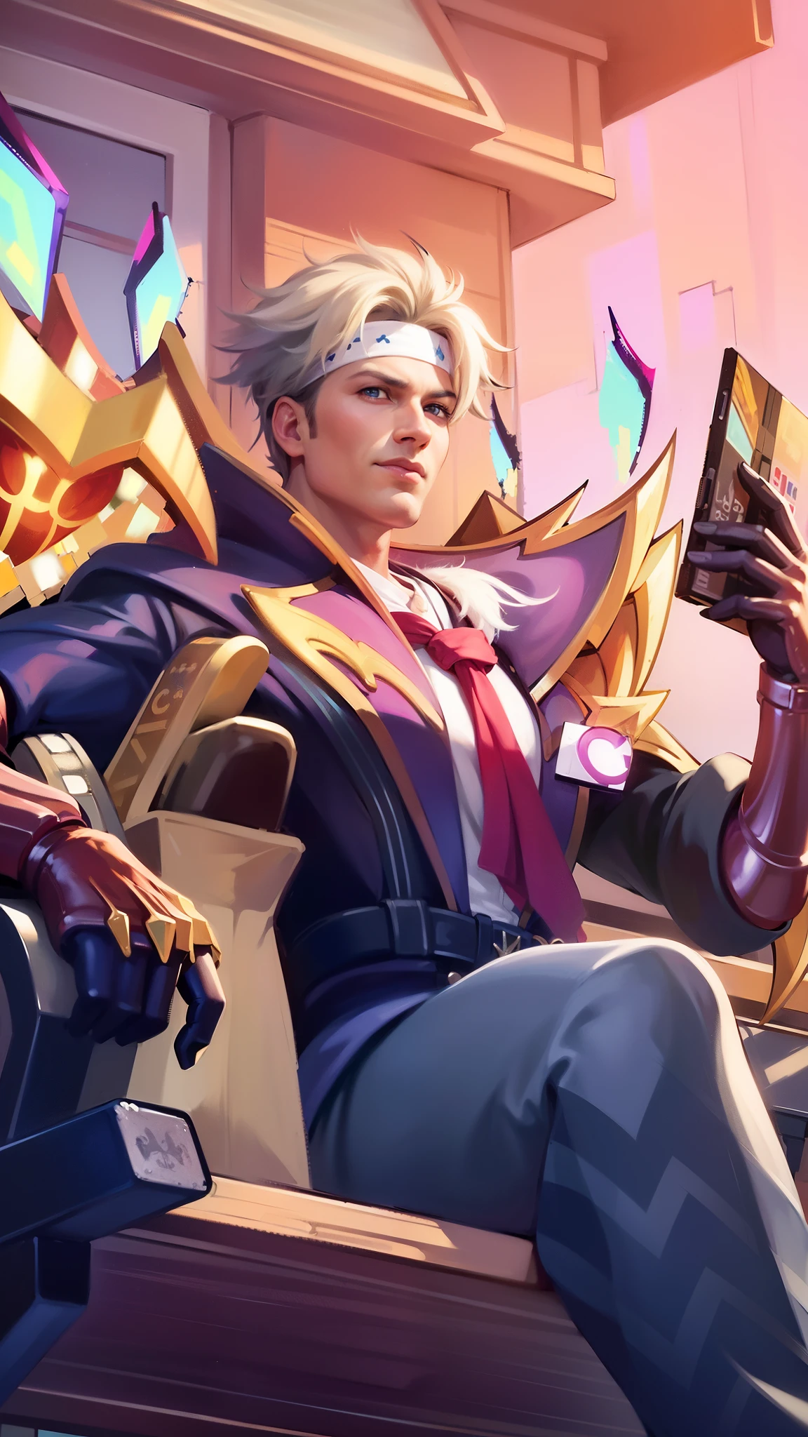masculine male, masterpiece, ((perfect eyes)) best quality, (semirealism:1.9), beautiful lighting, (extremely detailed CG unity 4k fhd wallpaper), High Detail, Sharp focus, dramatic outdoors, 40 years old, white short hair, blue eyes, smile, white bandana.