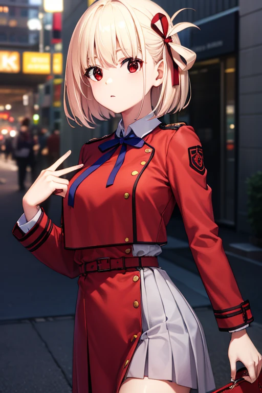 chisatonishikigi, nishikigi chisato, short hair, bangs, blonde hair, (red eyes:1.5), hair ribbon, one side up, bob cut,
BREAK shirt, long sleeves, dress, ribbon, white shirt, collared shirt, belt, neck ribbon, red dress, blue ribbon, pleated dress, grey dress, two-tone dress, red belt, lycoris uniform,,
BREAK outdoors, city,
BREAK looking at viewer, BREAK (masterpiece:1.2), best quality, high resolution, unity 8k wallpaper, (illustration:0.8), (beautiful detailed eyes:1.6), extremely detailed face, perfect lighting, extremely detailed CG, (perfect hands, perfect anatomy),