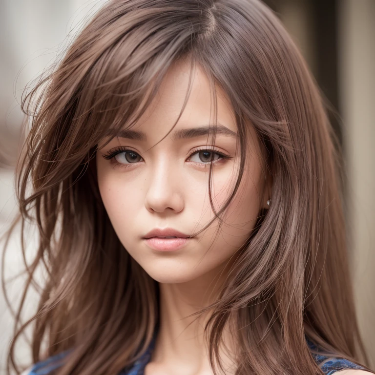 close up shot, standing woman, Body and head straight in the photo, medium breasts, Turn to the side that looks at the photo, eye staring at the lens, The photo shows the shoulders and head., Ultra-realistic photos with attention to detail, Portrait of woman standing in street, perfect lighting, DSRL, 4K, Rich facial details, eye, mouth,  nose and hair.  