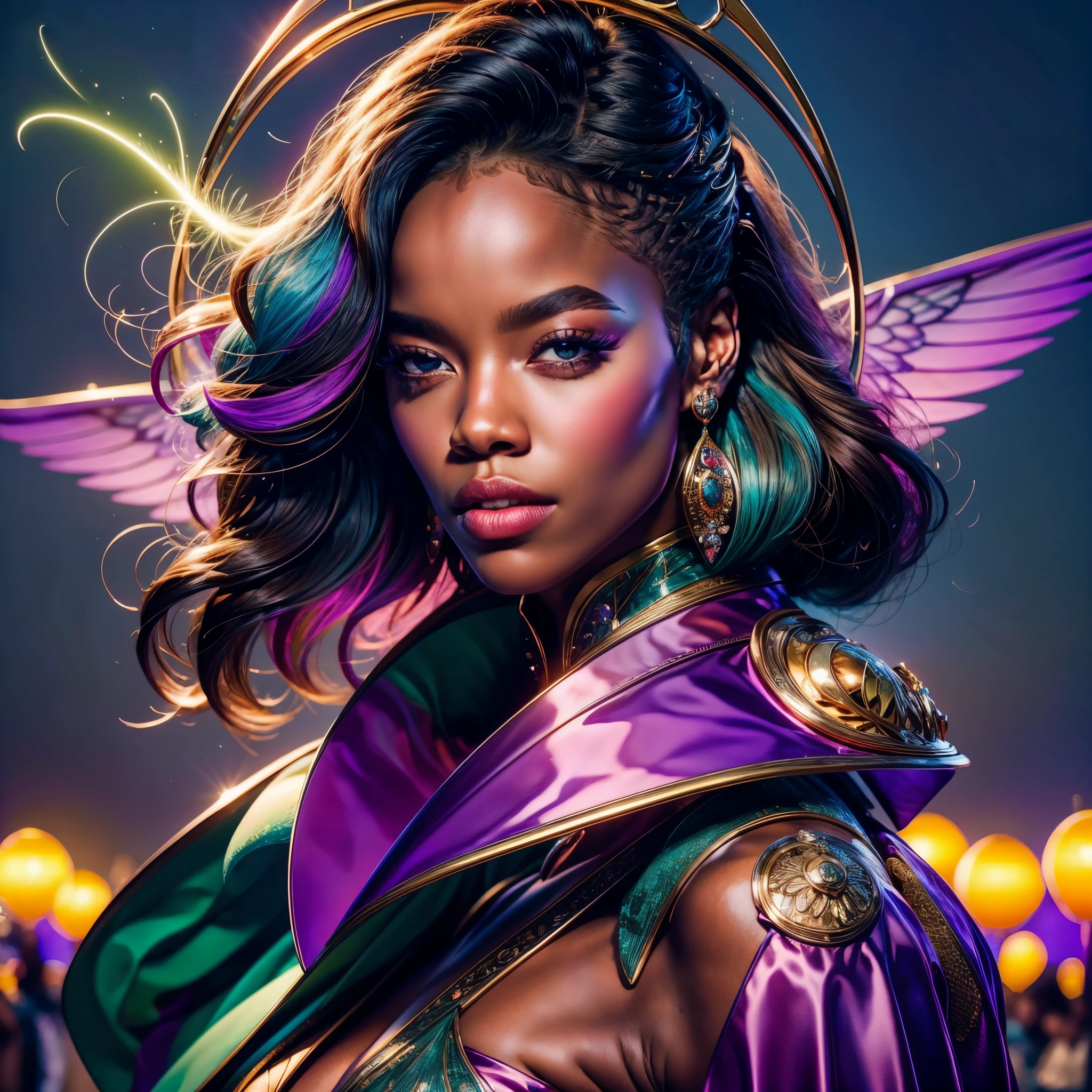 Ultra Photo of Rihanna with black spinel wings on dress with tourmaline diamond kunzite sparks, 16K texture, robotic and extravagant dress and strange hairstyle, 16k image, haute couture, flashes, high image quality, extravagant and bright dress, realistic face and body, tattoos, 16k body and face, dramatic poses, UHD HDR DSLR