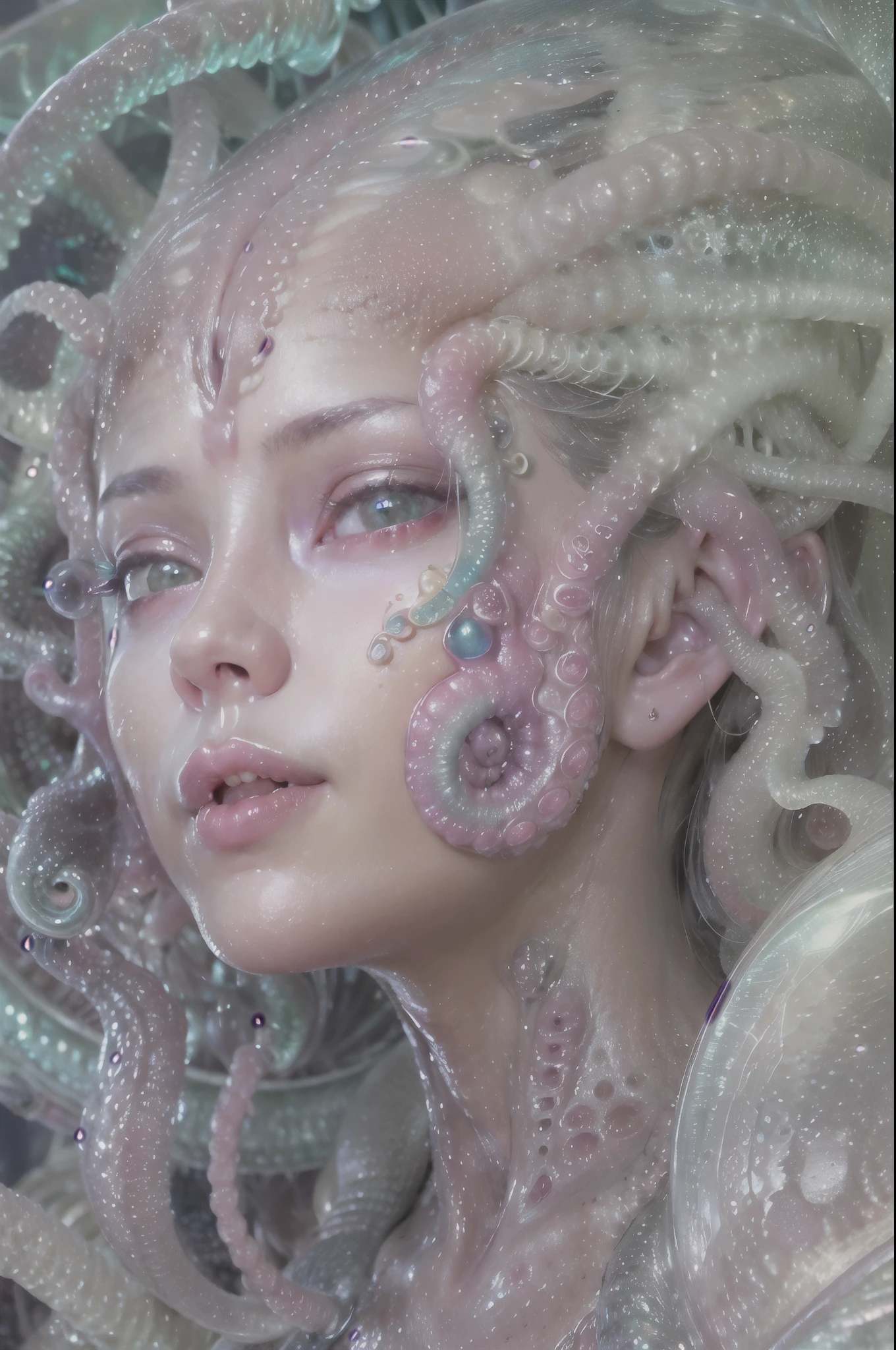 (A portrait of one beautiful and obscene female alien who is a young ager:1.4), ((There is a female genital-like organ in the middle of her forehead:1.8)), (realistic face:1.2), (Numerous award-winning masterpieces, with incredible detail, textures and maximum detail), artistic photography, midnight aura, unreal engine 5, Ultra Sharp Focus, art by Amano Yoshitaka, ArtGerm, Roisch, intricate artwork, ultra realistic realism, high resolution, High freshness, drawing faithfully, official art, Unity 8K Wall paper, ultra detailed artistic photography, dream-like, Creation of fantasy, dream Snail, (biopunk nautilus:1.3),Thrilling color schemes, seductively smiling, Amazing mutation, well-proportioned body, goddess of the deep sea, fractal, Geometric pattern, impossible figures, (translucent white tentacles with luminescent organs:1.4), subtle emerald green accents, (smiling seductively:1.3),(She has the most beautiful face in the history of the universe:1.5), Penelope Cruz, (she is looking down at viewers with glowing iridescent eyes with no pupils:1.3), an evil gaze that seduces, cinematic lighting, (Vampire-like long canine teeth can be glimpsed through the gap between the cute lips:1.3), in the hall of the palace, Sweet breath is exhaling from beautiful lips, ecstatic expression