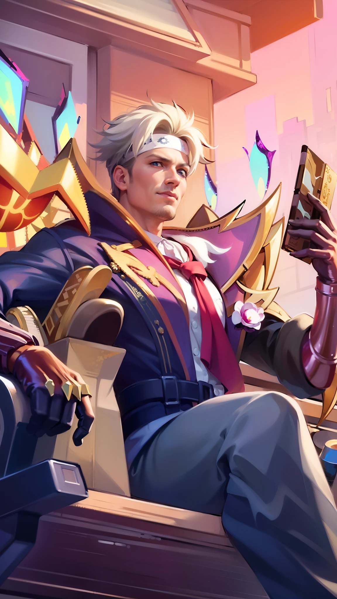 masculine male, masterpiece, ((perfect eyes)) best quality, (semirealism:1.9), beautiful lighting, (extremely detailed CG unity 4k fhd wallpaper), High Detail, Sharp focus, dramatic outdoors, 40 years old, white short hair, blue eyes, smile, white bandana.