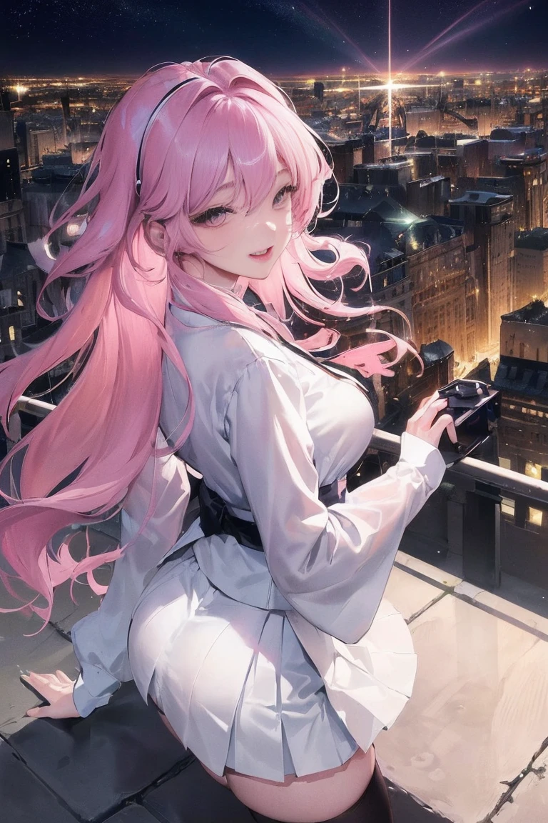 official art, masterpiece, Sharp focus beautiful gorgeous cute korean woman:1.3), (beautiful and cute korean:1.3), Korean beauty, exquisite beautiful hair、eyes and face, actual, Super detailed, beautiful girl, Luminous white particles, (side light:1.2), sunshine, Baiyun, Detailed cloud, Slender, buttocks, smile with teeth, ((smile with eyes, open your eyes)), landscape, long, straight hair, sexy facial expression, architecture, (city View:1.7), dynamic hair, long, straight hair, Detailed platinum pink hair, Luminous Blue Eyelue Pleated Shirt + Short white skirt), white stockings, pale skin, hair accessories, epic landscape,night,Nice butt,Beautiful buttocks,Lift up your own short skirt,