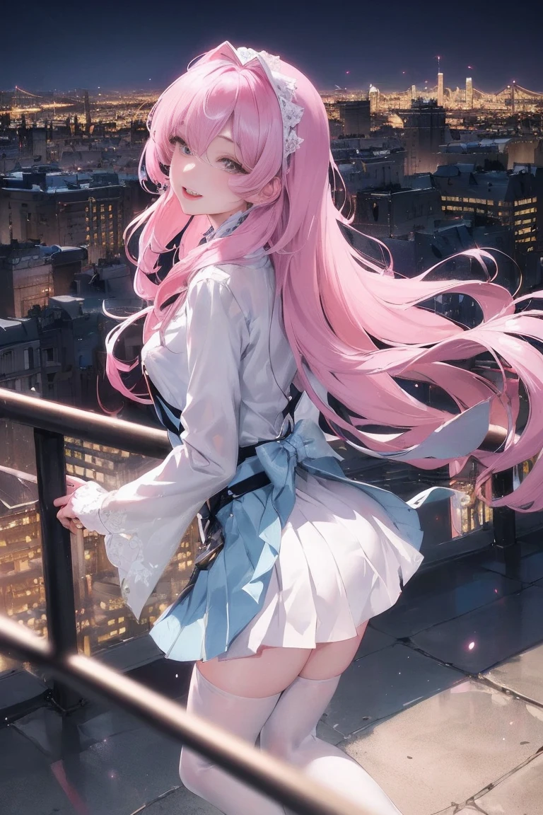 official art, masterpiece, Sharp focus beautiful gorgeous cute korean woman:1.3), (beautiful and cute korean:1.3), Korean beauty, exquisite beautiful hair、eyes and face, actual, Super detailed, beautiful girl,  Luminous white particles, (side light:1.2), sunshine, Baiyun, Detailed cloud, Slender, buttocks, smile with teeth, ((smile with eyes, open your eyes)), landscape, long, straight hair, sexy facial expression, architecture, (city View:1.7), dynamic hair, long, straight hair, Detailed platinum pink hair, Luminous Blue Eyelue Pleated Shirt + Short white skirt), white stockings, pale skin, hair accessories, epic landscape,night，Nice butt，Beautiful buttocks，Lift up your own short skirt，