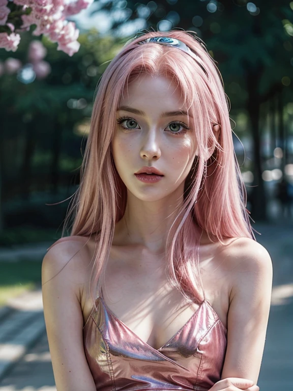 young woman, long pink hair, wide forehead, porcelain skin, pink eyebrows, big emerald green eyes, buttoned nose, thick lips, heart-shaped face, slender body, small breasts, pink leather dress, Sakura Haruno, realistic, realism black details 3d