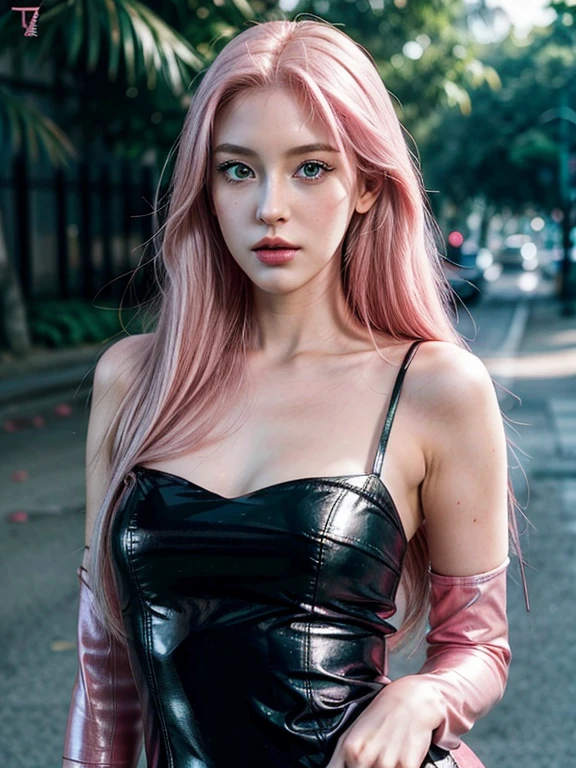 young woman, long pink hair, wide forehead, porcelain skin, pink eyebrows, big emerald green eyes, buttoned nose, thick lips, heart-shaped face, slender body, small breasts, pink leather dress, Sakura Haruno, realistic, realism black details 3d