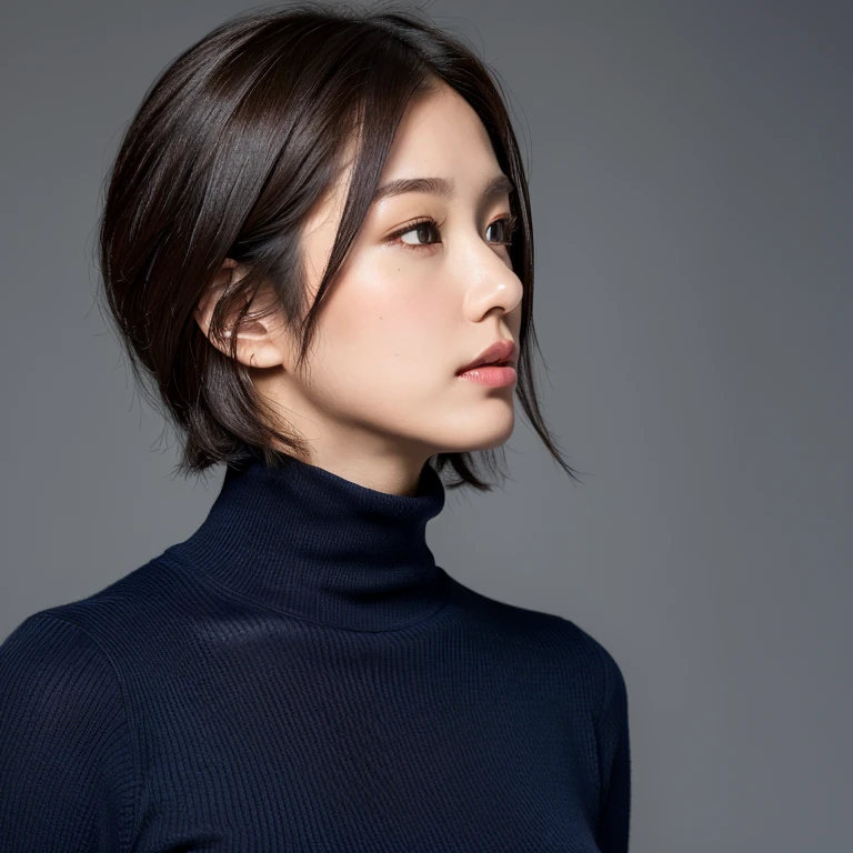 (highest quality, 8K, 32K, masterpiece, UHD: 1.2), cute japanese women pictures, 1 girl, profile, (big), (tall woman), (abs, slim body shape: 1.2), (lips), (dark brown medium short hair), Navy blue ribbed turtleneck, No sleeve, big Butt Protruding