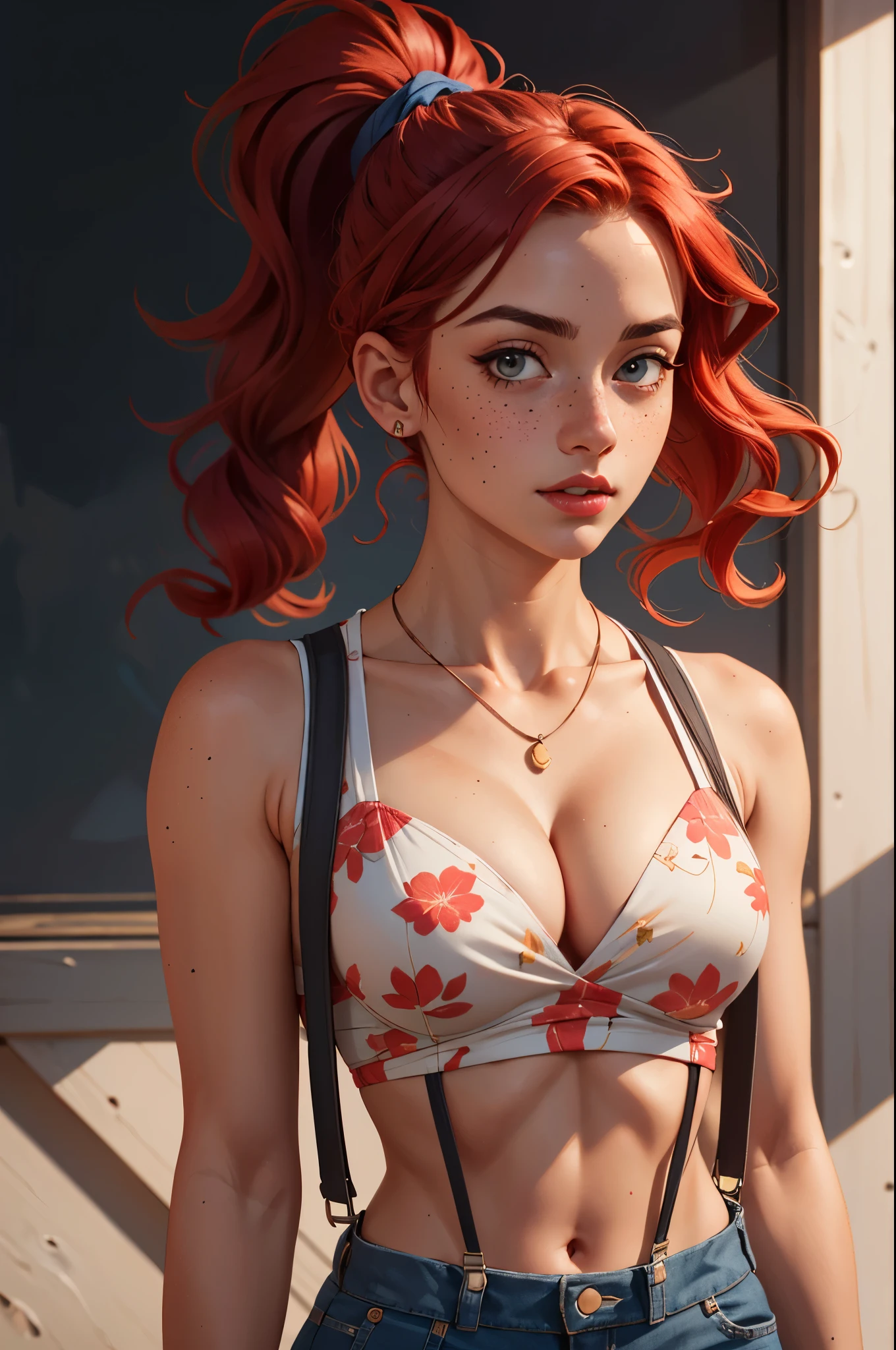 highres, masterpiece, perfect lighting, bloom, cinematic lighting, adult, female, perfect skin, looking at viewer, upper body, collarbone, wavy hair, necklace, suspenders, floral print, ponytail, freckles, red hair, sunlight, center opening, midriff, cleavage, sleeveless