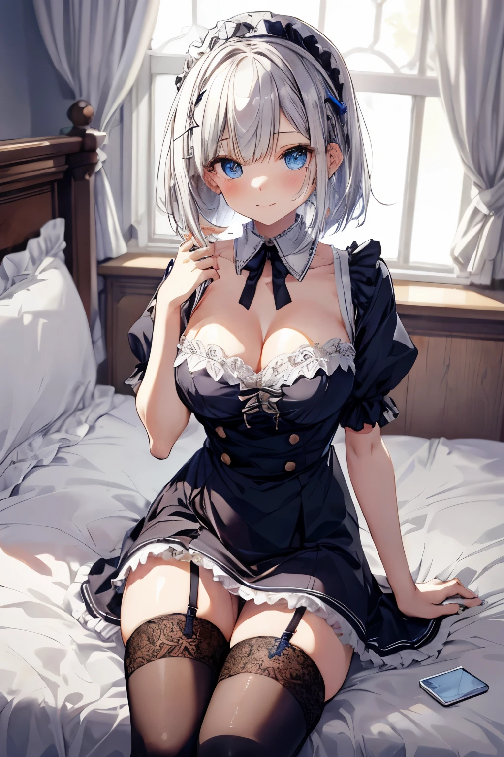 masterpiece, absurdres, best quality, ultra detailed, high Resolution, detailed illustration, extremely beautiful detailed face and eyes, bright color, 1girl, (), cute face, Delicate beautiful face, blue eyes, cute eyes, sparkling eyes, big eyes, medium breasts, (perky breasts:1.1), (pointy breasts:1.1), medium hips, glamorous body, white skin, happy, BREAK, long bob cut, (silver hair:0.8), messy hair, detailed hair, shiny hair, BREAK maid uniform, tiny ribbon, Changing clothes, in the bedroom, real world, natural lights, perfect lighting, (((sitting on the bed))), ((wariza)), (((thigh highs))), (((long hair))), smile, (( face, body, cute face, cute body)),