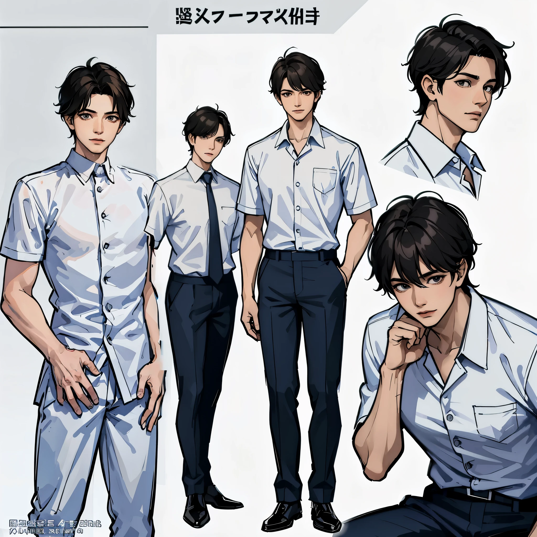 a boy character sheet, head view from different angles, eight different angles boy has black hair black eyes wearing white shirt and blue pants , masterpiece, ultra high quality, ultra detailed, ultra detailed eyes and face, detailed black hair