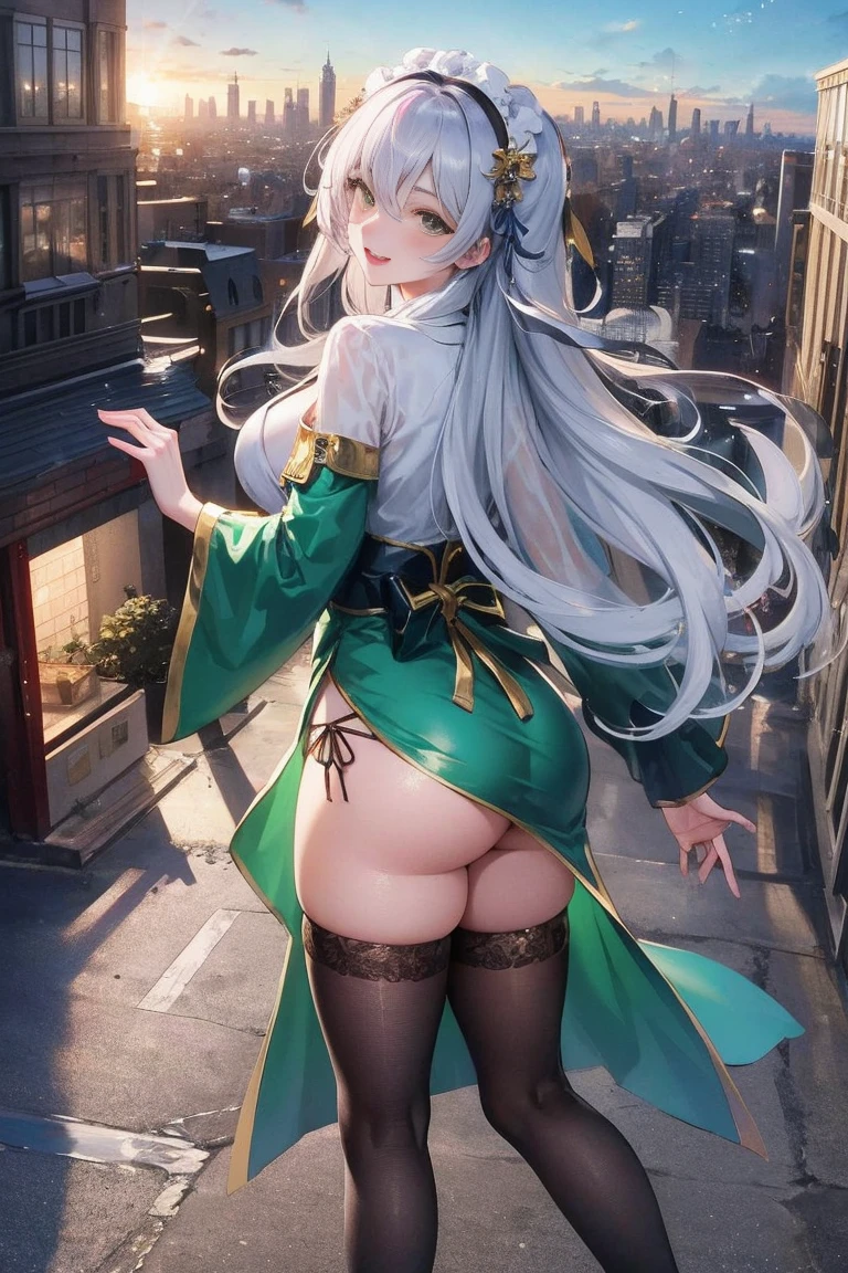 official art, masterpiece, sharp focus, (Beautiful gorgeous lovely Korean women:1.3), (beautiful and cute korean:1.3), Korean beauty, exquisite beautiful hair、eyes and face, actual, Super detailed, beautiful girl, blue sky, Luminous white particles, (side light:1.2), sunshine, Baiyun, Detailed cloud, thin and long, Lovely big breasts and big butt, smile with teeth, ((smile with eyes, open your eyes)), landscape, long, straight hair, sexy facial expression, architecture, (city View:1.7), dynamic hair, very long, straight hair, Delicate platinum silver hair, glowing green eyes, pink skirt, white stockings, pale skin, hair accessories, epic landscape,High heel