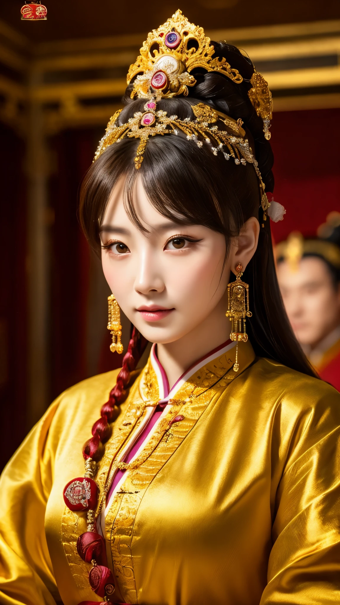 (surreal), (figure), (High resolution), (8K), (very detailed), (Best figure), (beautiful and detailed eyes), (highest quality), (super detailed), (masterpiece),Beautiful ancient Chinese later Han dynasty empress woman,In a room in the palace,noble golden hair ornament,