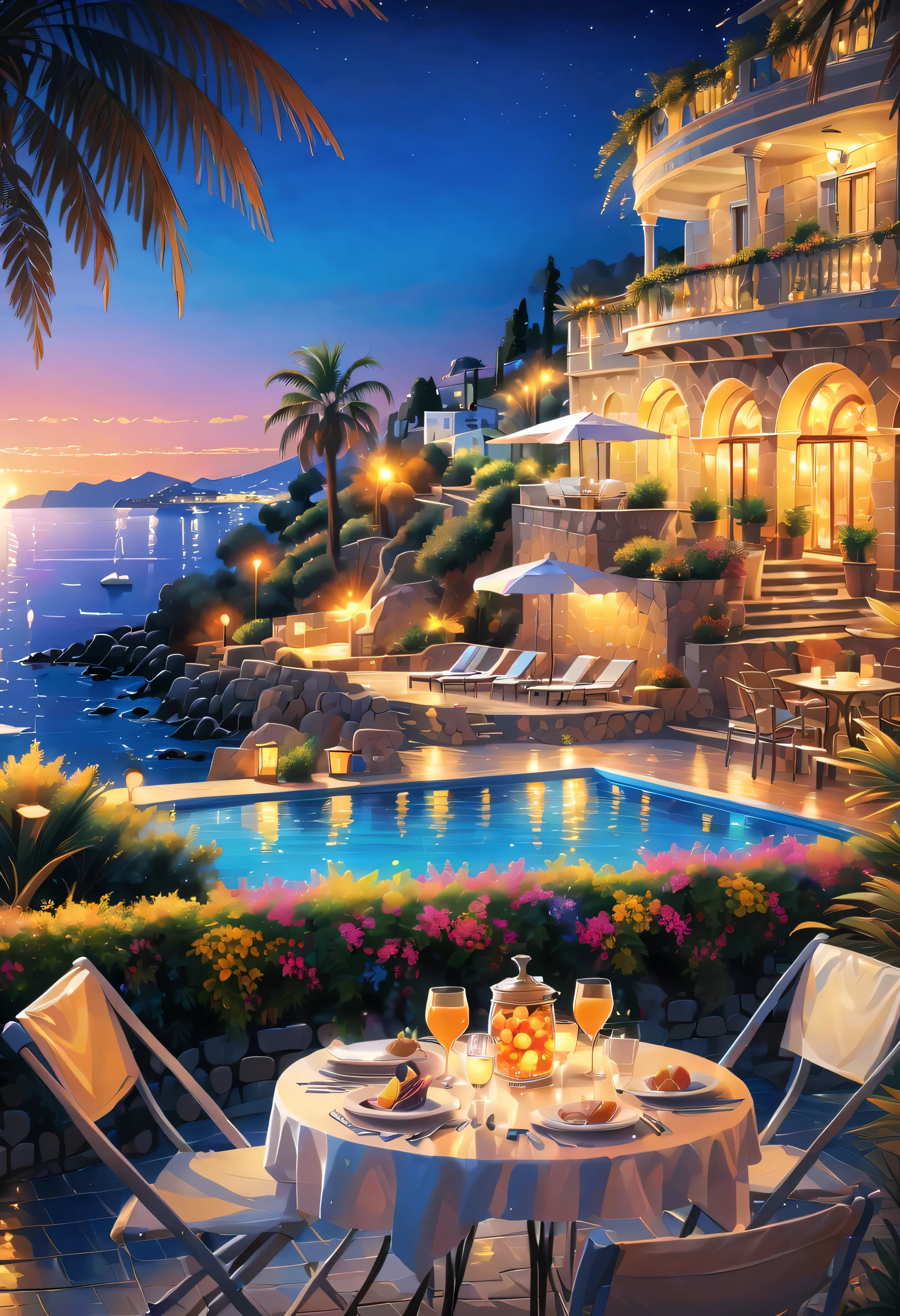 Cruise ship arrives at Greek port.it&#39;s a comfort、relaxing resort...Gorgeous and elegant mansion hotel.modern beautiful city，Overlooking，is a famous resort.beautiful beach，Sea view.Outdoor swimming pool.Cool glasses filled with iced carbonated drinks and delicate fruits on the table, The lights are very dazzling at night, Sea view in the distance, Palm trees and coconut groves in the distance, Romantic and beautiful environment, optimistic matte, Beautiful digital artwork, Cozy café, Beautiful and detailed scenes, Relaxation concept art, 8k high quality detailed art, 4k highly detailed digital art, Highly detailed scenes(night view.warm light)(best quality,4K,8k,high resolution,masterpiece:1.2),super detailed,(actual,photoactual,photo-actual:1.37),bokeh background,