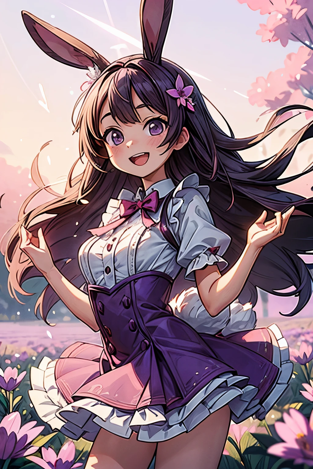 ((Masterpiece)), ((best quality)), (super detailed), (Professional Photography), (Photorealsitic:1.3), 1 rabbit girl, rabbit tail, rabbit ears, morganite eyes, long hair, grinning, (open mouth), hair flower, frilled short dress, dancing, In vast field of flowers, sky, sharp focus, cowboy shot, looking at viewer, (intricate), (light purple tone:1.3), (bright red tone), illustration,