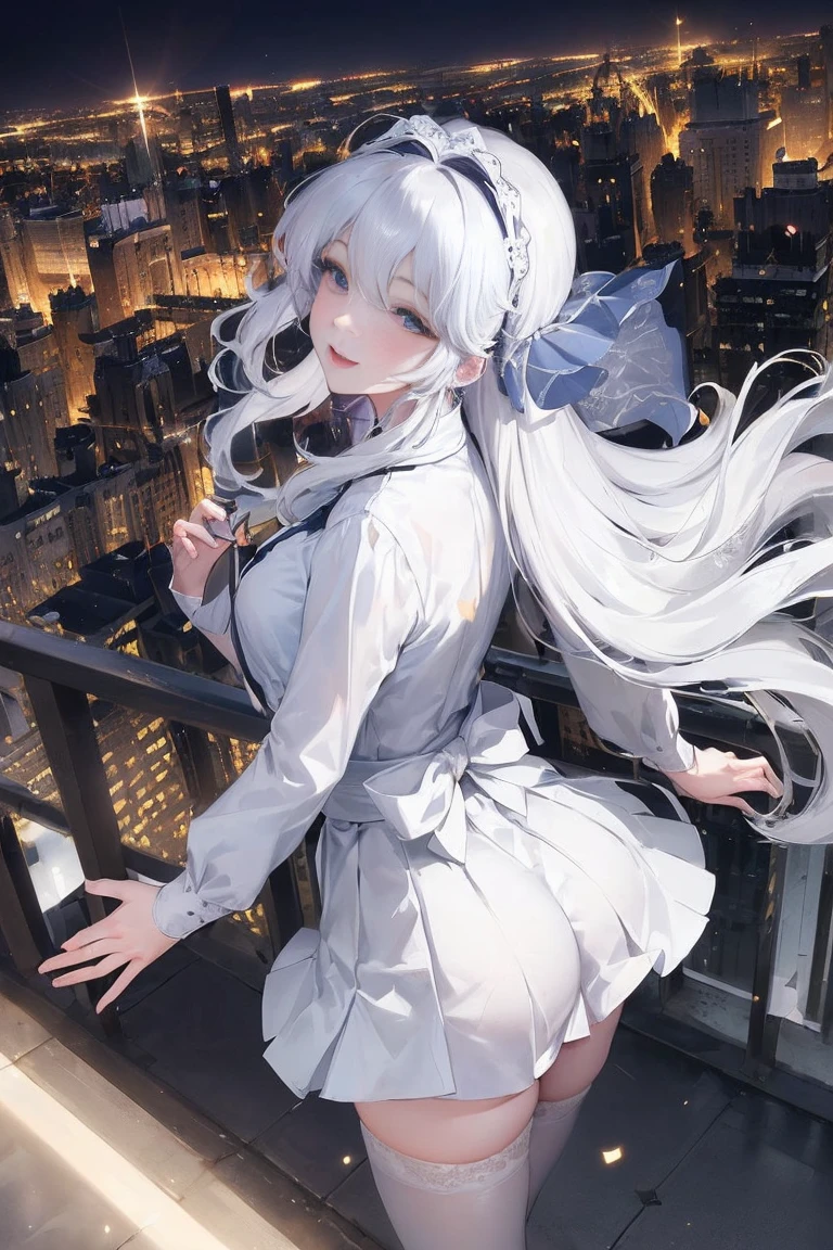 official art, masterpiece, Sharp focus beautiful gorgeous cute korean woman:1.3), (beautiful and cute korean:1.3), Korean beauty, exquisite beautiful hair、eyes and face, actual, Super detailed, beautiful girl, Luminous white particles, (side light:1.2), sunshine, Baiyun, Detailed cloud, Slender, buttocks, smile with teeth, ((smile with eyes, open your eyes)), landscape, long, straight hair, sexy facial expression, architecture, (city View:1.7), dynamic hair, Delicate white hair, Luminous Blue Eyelue Pleated Shirt + Short white skirt), white stockings, pale skin, hair accessories, epic landscape,night,Nice butt,,The skirt opens by itself,露出buttocks,highest resolution,