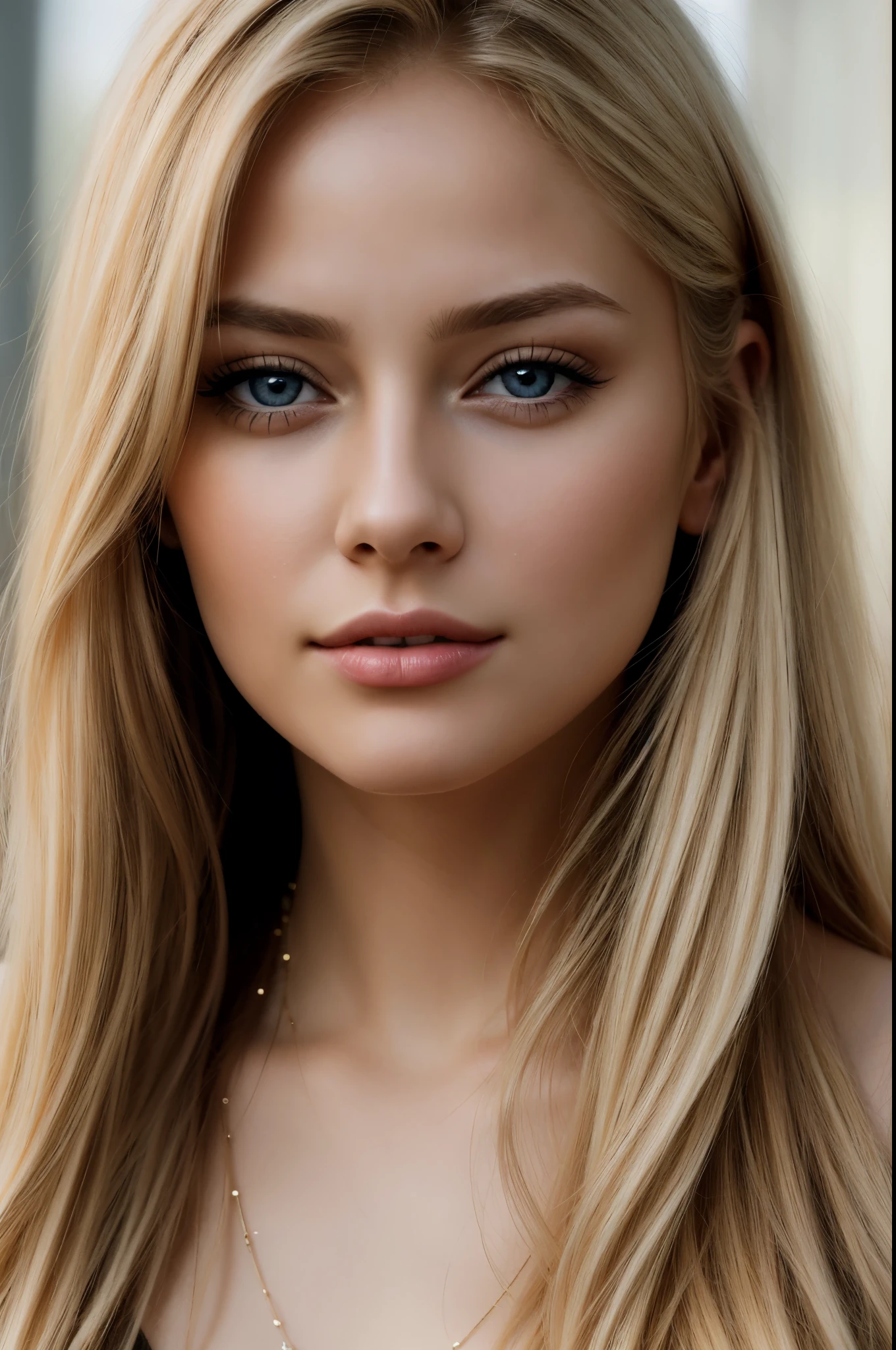 Close up portrait of woman with long blonde hair and necklace, soft portrait shot 8k, attractive beautiful face, attractive woman face, gorgeous and attractive face, realistic beautiful face, attractive woman face!!!, beautiful blonde girl, gorgeous face portrait, blonde and attractive features, very beautiful face, ultra realistic digital painting, blonde hair and big eyes, detailed beauty portrait
