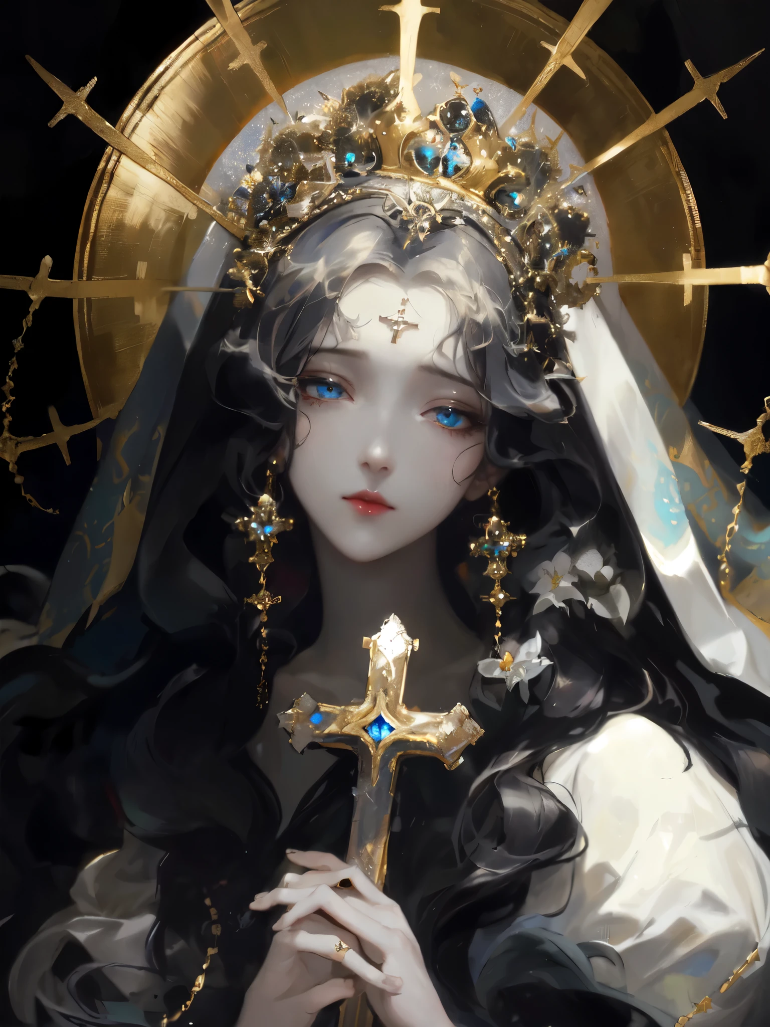 Arafad image of woman with cross and crown, Gurwitz Masterpiece, guweiz on pixiv artstation, guweiz, guweiz on artstation pixiv, guweiz style artwork, masterpiece goddess of sorrow, author:Yang Jie, anime goddess, goddess. extremely high detail, Anime Fantasy Illustration,beautiful aqua blue eyes,red lips,pretty expression