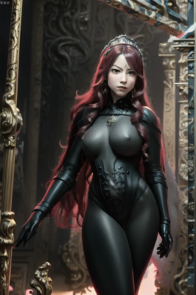 a woman with red lipstick has armor on and is holding a sword, kirijou mitsuru, 1girl, solo, hair over one eye, long hair, (((red hair))), weapon, (rapier), bodysuit, black bodysuit, grey bodysuit, hand on hip, (((large breasts))), (purple theme:1.2), ((indoors)) (In Baroque style hall:2), queen, ((majestic)), graceful, perfect face, beautiful face, perfect female body, mature female, (glowing red eyes:1.2), short ponytail, Queen's crown, darker violet gossamer veil, royal red cloak with jewels and fur, royal red shawl with jewels and fur, (earrings), (jewels, jewelry:1.2), head ornaments, (hands ornaments), legs ornaments, (high heels), Narrow waist, big ass, wet, wet body, sweating body, shiny skin, ((no close up)), (8k, RAW photos, highest quality, masterpiece: 1.7). (Realistic, Photorealistic: 1.9)