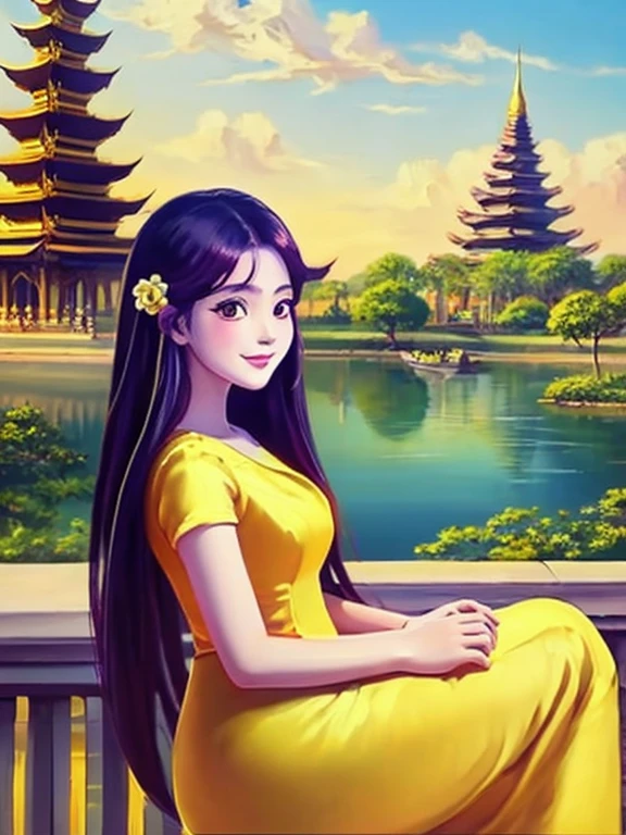 masterpiece, best quality, girl, solo, ((mature female)),, long hair, hair, princess,(upper yellow lower purple) silk dress black dress(dress) (golden dress) fantasy, happy, looking at viewer, cartoon, anime, (oil painting)Burmese girl, 18 years old, Bagan pagoda view background, clear Hd 8k