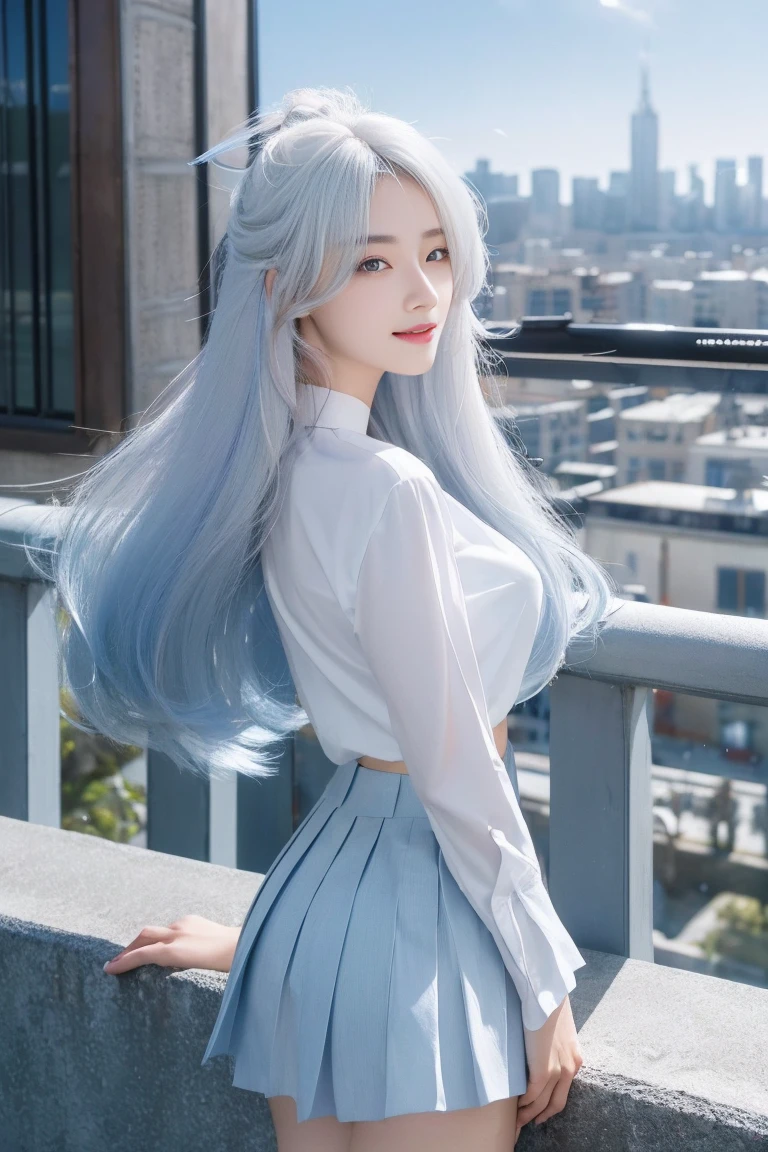 official art, masterpiece, sharp focus, (beautiful gorgeous cute Korean woman:1.3), (beautiful cute korean:1.3), korean beauty, Delicate and beautiful hair and eyes and face, realistic, ultra detailed, beautiful girl, blue sky, glow white particle, (sidelighting:1.2), sun light, white cloud, detailed clouds, slender, Lovely very large breasts and very large hips, smile with teeth, ((smile with eyes, open both eyes)), scenery, long straight hair, sexy facial expression, building, (cityscape:1.7), dynamic hair, long straight hair, detailed platinum pink hair, glow blue eyes, (blue pleated shirts + white skirt), white long socks, pale skin, hair ornament, epic scenery,