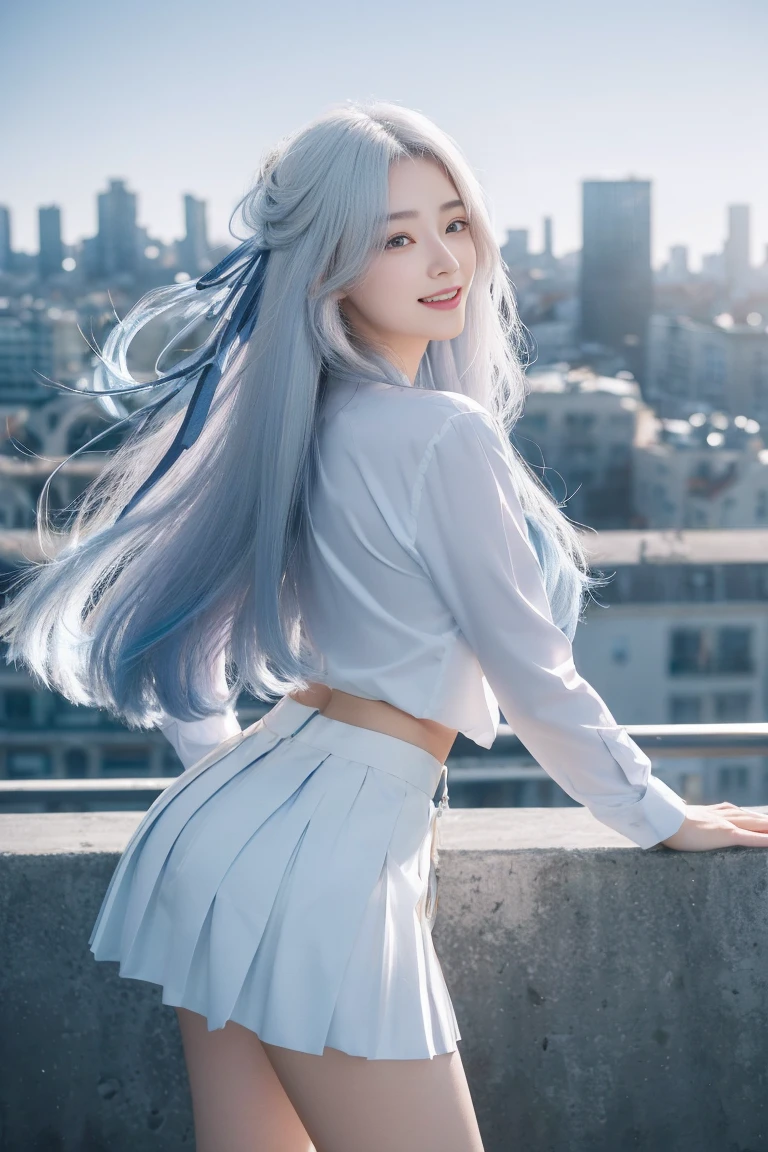 official art, masterpiece, Sharp focus beautiful gorgeous cute korean woman:1.3), (beautiful and cute korean:1.3), Korean beauty, exquisite beautiful hair、eyes and face, actual, Super detailed, beautiful girl, Luminous white particles, (side light:1.2), sunshine, Baiyun, Detailed cloud, Slender, buttocks, smile with teeth, ((smile with eyes, open your eyes)), landscape, long, straight hair, sexy facial expression, architecture, (city View:1.7), dynamic hair, Delicate white hair, Luminous Blue Eyelue Pleated Shirt + Short white skirt), white stockings, pale skin, hair accessories, epic landscape,night,Nice butt,,The skirt is lifted,露出buttocks,highest resolution,High heel。