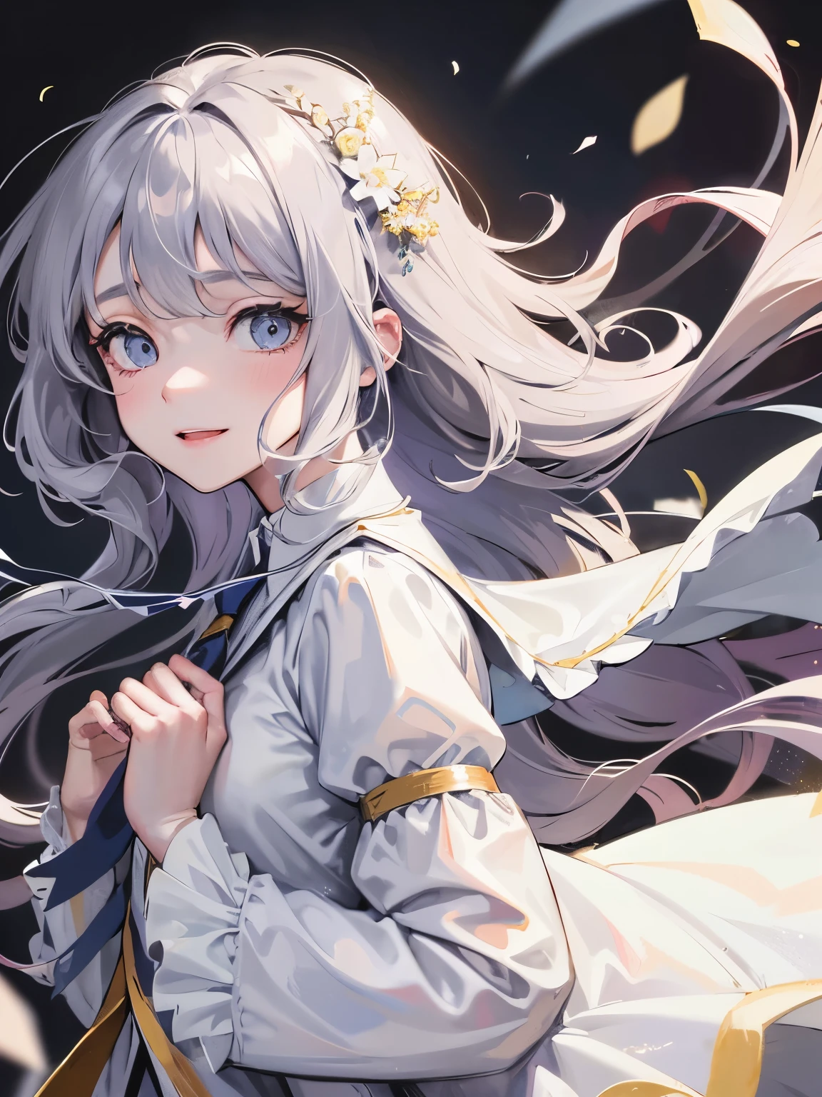 1 girl、blouse、detailed face、long hair with gray hair、light blue eyes、round eyes、hair arrange、tie a ribbon on the chest、Smiling Girl、drooping eyes、droopy eyes、17 years old、church、Patsun bangs、Highest image quality、simple clothes、pray、Hug