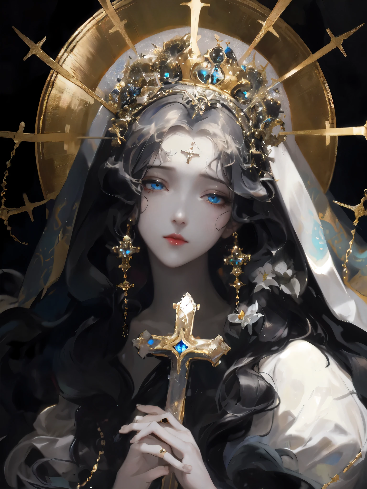 Arafad image of woman wearing cross and crown, Gurwitz Masterpiece, guweiz on pixiv artstation, guweiz, guweiz on artstation pixiv, Gurwitz style artwork, masterpiece goddess of sorrow, author：Yang Jie, anime goddess, goddess. extremely high detail, Anime Fantasy Illustration，Beautiful aqua blue eyes，red lips，pretty expression