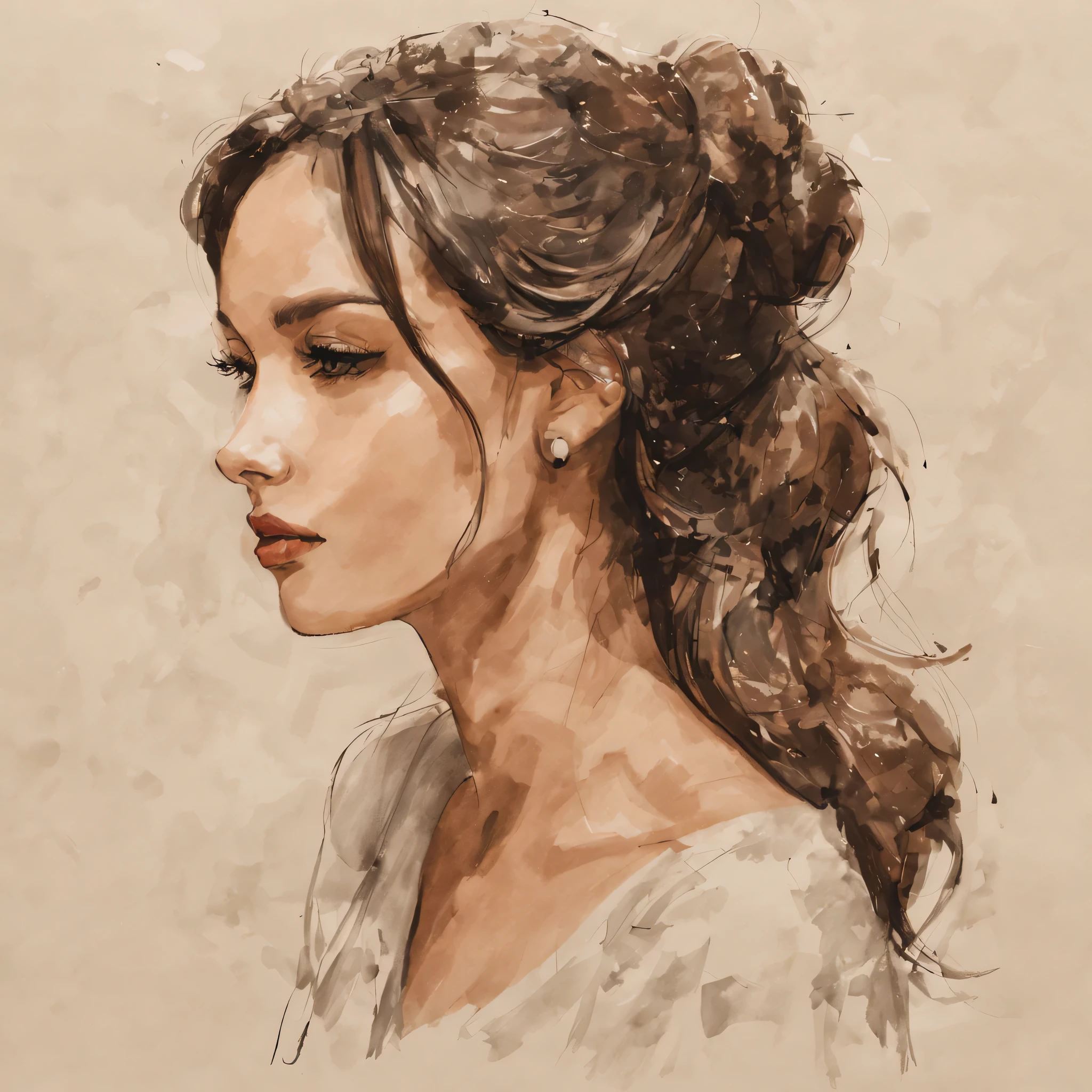 cute girl profile, Striking the Tête à Eport pose, Ink sketch style illustration. Long hair roughly painted light brown,