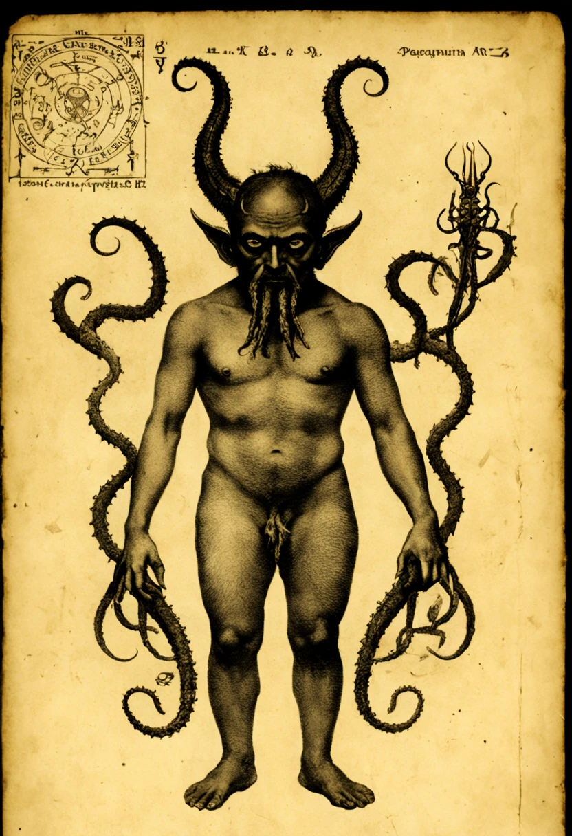 pergaminho velho com gravura, xilogravura, Representing a demon with head tentacles, Pentagramas, Technical markings and medical description with medical records, texto com caracteres estranhos, Mysticism: a sepia photo from the 1920s . texturizado, angustiado, vintage, nervoso, vibe punk, sujo, barulhento