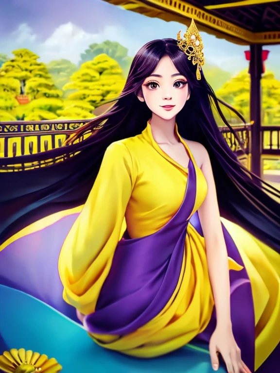 masterpiece, best quality, girl, solo, ((mature female)),, long hair, hair, princess,(upper yellow lower purple) silk dress black dress(dress) (golden dress) fantasy, happy, looking at viewer, cartoon, anime, (oil painting)Burmese girl, 18 years old, Bagan pagoda view background, clear Hd 8k