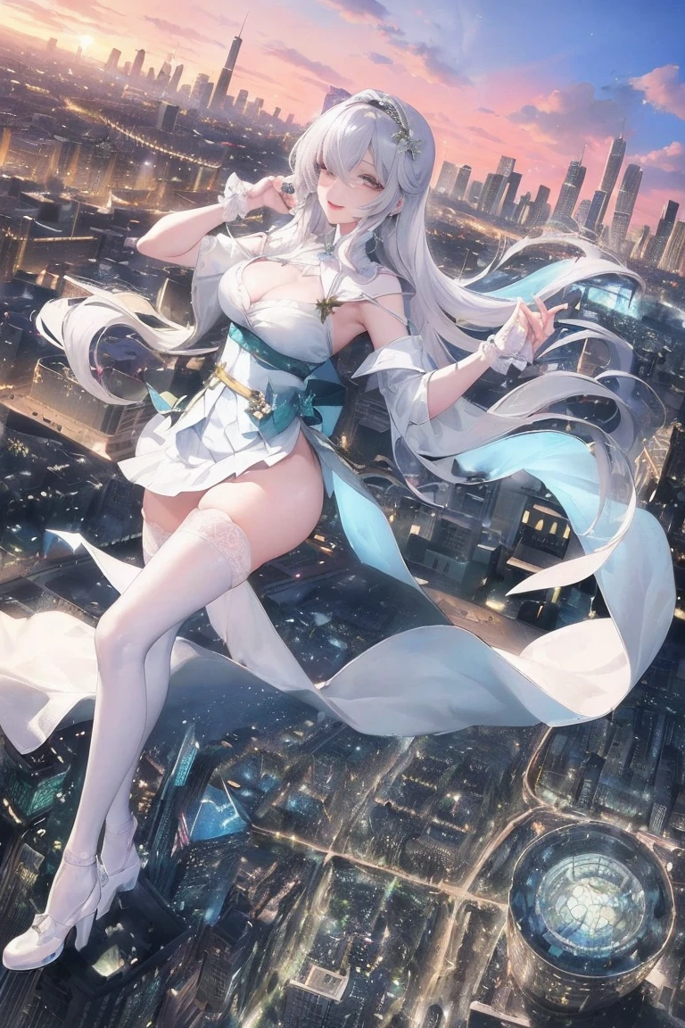 official art, masterpiece, sharp focus, (Beautiful gorgeous lovely Korean women:1.3), (beautiful and cute korean:1.3), Korean beauty, exquisite beautiful hair、eyes and face, actual, Super detailed, beautiful girl, blue sky, Luminous white particles, (side light:1.2), sunshine, Baiyun, Detailed cloud, thin and long, Lovely big breasts and big butt, smile with teeth, ((smile with eyes, open your eyes)), landscape, long, straight hair, sexy facial expression, architecture, (city View:1.7), dynamic hair, very long, straight hair, Delicate platinum silver hair, glowing green eyes, Short pink skirt, white stockings, pale skin, hair accessories, epic landscape,High heel