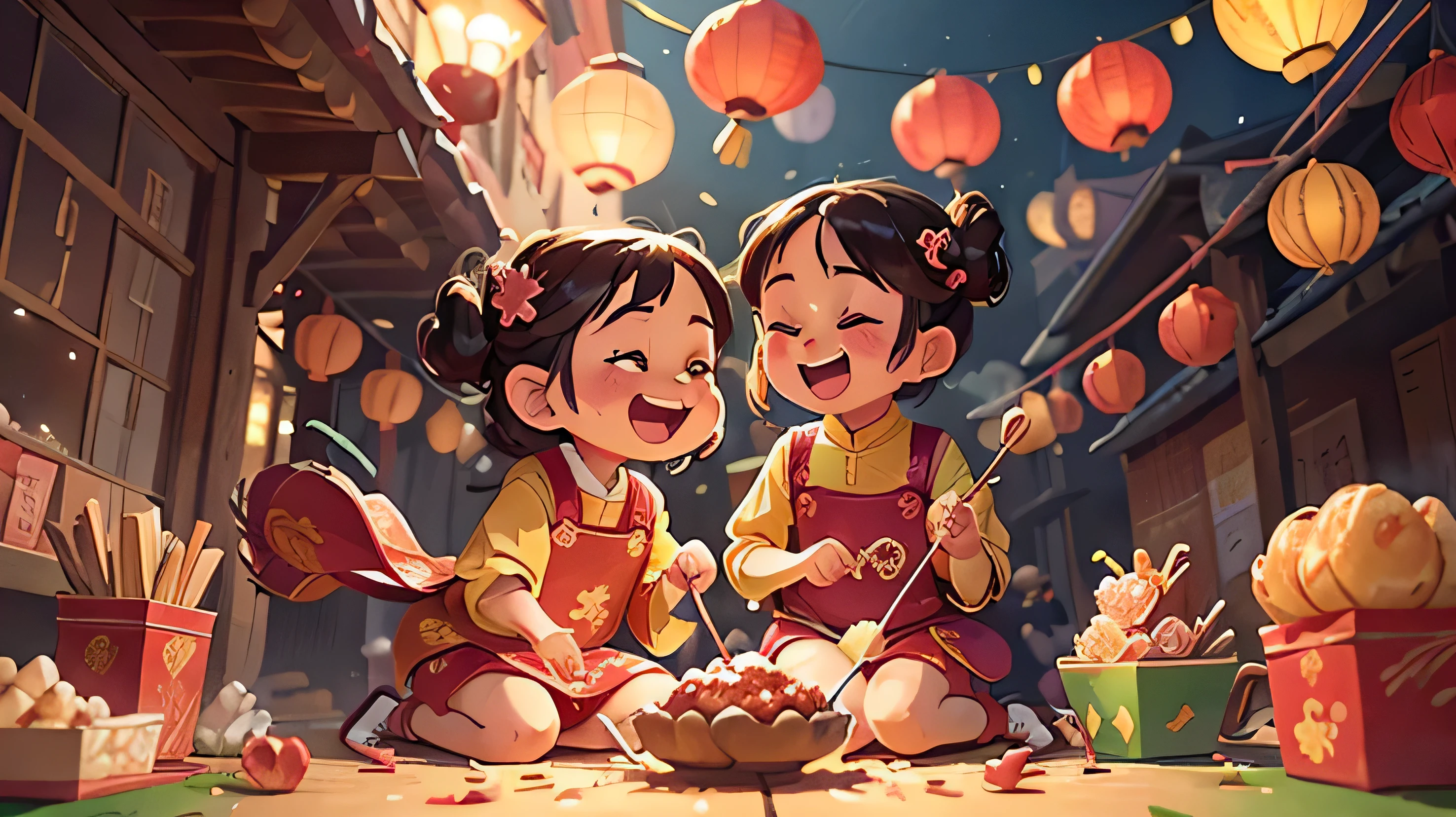 (best quality, 4k, 8k, highres, masterpiece: 1.2), highly detailed, (realistic, photorealistic, photo-realistic: 1.37), bright colors, bokeh, Chinese New Year celebration, sparkling lights In the middle of the artwork , a lively Chinese New Year celebration took place. The background is filled with bright colors and the atmosphere is very lively. Brightly colored lanterns hang from above, emitting a warm and cheerful light. The air is filled with the sound of laughter, firecrackers and traditional music, creating an electrifying energy. Streams of sparkling lights cascaded down from above, adding to the joyful atmosphere. The lights form intricate patterns in the sky, emulating the spirit of celebration. Their reflections dance and sparkle on the ground, creating a dazzling display of bright colors and movement. The scene was crowded with people of all ages, wearing traditional clothing. There were families, friends, and individuals, all completely immersed in the celebration. Their faces shone with happiness, their eyes shone with joy. Children run around, their laughter filling the air as they play traditional games and enjoy festive treats. This artwork displays a variety of snacks and drinks, adding to the sense of abundance and fun. Plates of delicious dumplings, spring rolls and tangyuan are passed around, inviting everyone to enjoy the taste of the New Year. Additionally, glasses of sweet rice wine, hot tea, and colorful fruit punch are raised in celebration. Overall image quality is of the highest caliber, with an emphasis on ultra-detailed elements, capturing every tiny nuance and texture. The artwork exudes a realistic and photorealistic essence, making it feel as if one could step directly into a living scene. The colors are bright and vibrant, adding to the joyful atmosphere of Chinese New Year celebrations. The lighting in the artwork is carefully crafted to enhance the overall effect. Festive lights create a warm and inviting atmosphere, illuminating t