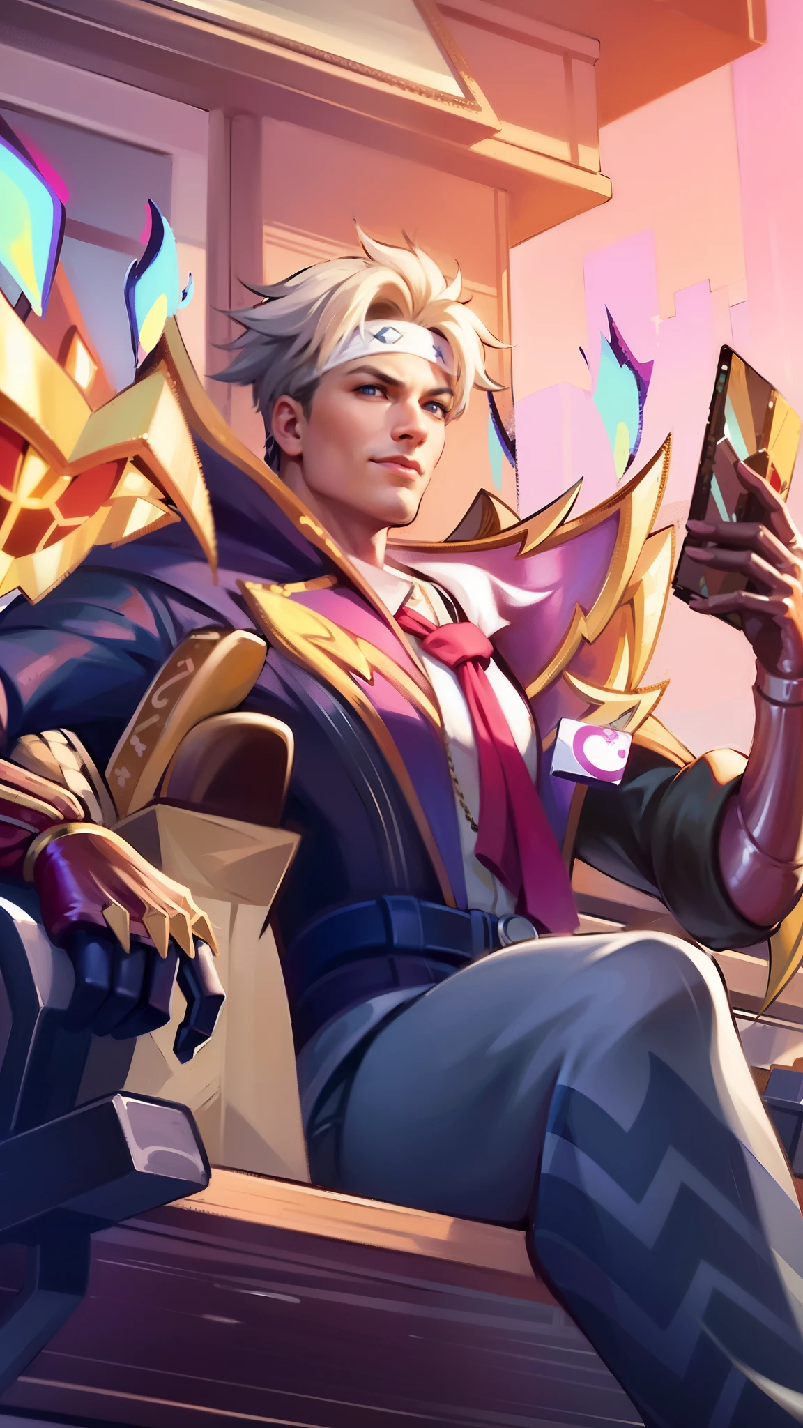 masculine male, masterpiece, ((perfect eyes)) best quality, (semirealism:1.9), beautiful lighting, (extremely detailed CG unity 4k fhd wallpaper), High Detail, Sharp focus, dramatic outdoors, 40 years old, white short hair, blue eyes, smile, white bandana.