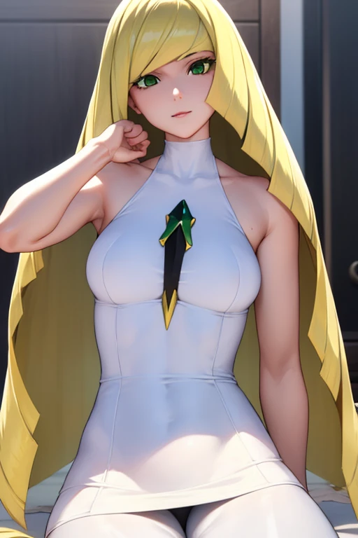 pokemonlusamine, pokemonlusamine, blonde hair, (green eyes:1.5), hair over one eye, long hair, multicolored hair, streaked hair, very long hair, smile,
BREAK bare arms, diamond (shape), dress, gem, green gemstone, leggings, short dress, sleeveless, sleeveless dress, white dress, white leggings,
BREAK looking at viewer, upper body, full body,
BREAK indoors,
BREAK (masterpiece:1.2), best quality, high resolution, unity 8k wallpaper, (illustration:0.8), (beautiful detailed eyes:1.6), extremely detailed face, perfect lighting, extremely detailed CG, (perfect hands, perfect anatomy),