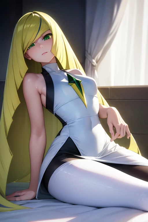 pokemonlusamine, pokemonlusamine, blonde hair, (green eyes:1.5), hair over one eye, long hair, multicolored hair, streaked hair, very long hair, smile,
BREAK bare arms, diamond (shape), dress, gem, green gemstone, leggings, short dress, sleeveless, sleeveless dress, white dress, white leggings,
BREAK looking at viewer, upper body, full body,
BREAK indoors,
BREAK (masterpiece:1.2), best quality, high resolution, unity 8k wallpaper, (illustration:0.8), (beautiful detailed eyes:1.6), extremely detailed face, perfect lighting, extremely detailed CG, (perfect hands, perfect anatomy),