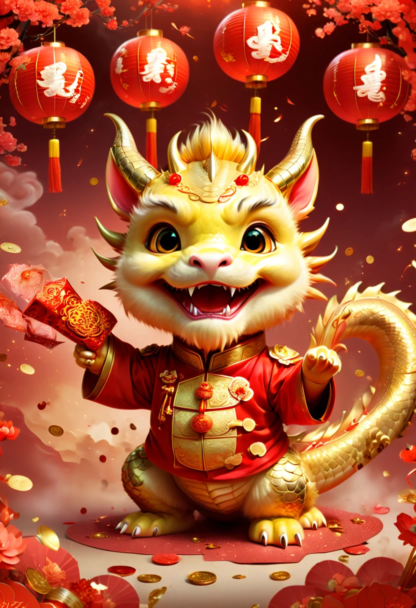 Chinese New Year, oriental dragon, cute dragon cub, big furry head, red clothes, gold coins, red envelopes, gold confetti, firecrackers, red lanterns, strong festive atmosphere, Chinese New Year greeting, Chinese elements, panoramic view, Ultra high saturation, (best quality, masterpiece, Representative work, official art, Professional, 8k)
