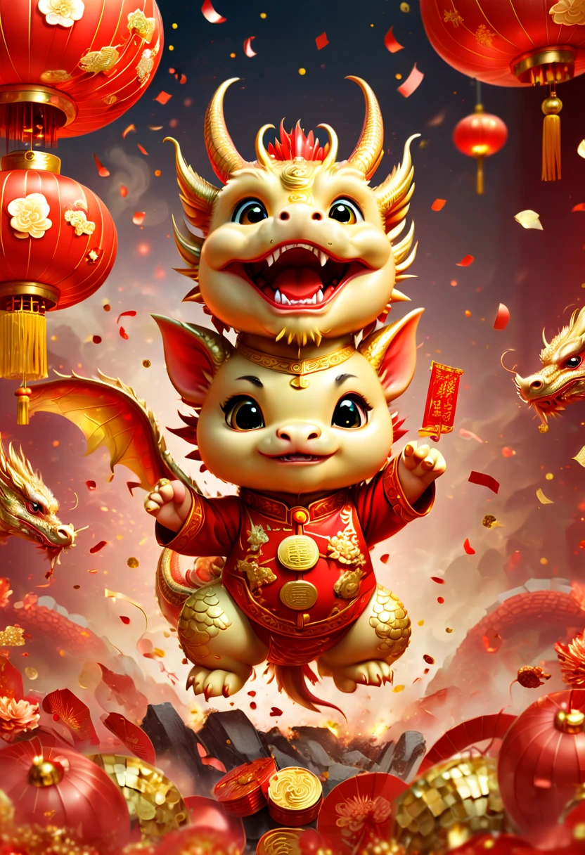 Chinese New Year, oriental dragon, cute dragon cub, big furry head, red clothes, gold coins, red envelopes, gold confetti, firecrackers, red lanterns, strong festive atmosphere, Chinese New Year greeting, Chinese elements, panoramic view, Ultra high saturation, (best quality, masterpiece, Representative work, official art, Professional, 8k)