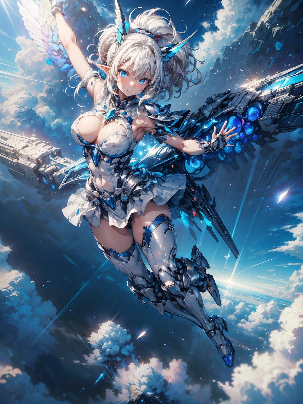 (masterpiece、 highest quality, wonderful, very detailedティッカーユニティ、8k wallpaper, Depth of written boundary, Ultra-fine illustration:1.5)、。.。.。.。.3D, very detailed, (Full body Esbian、Mecha elf girl:1.3), sci-fi battlefield, Hawken, shy smile, open your mouth、short ponytail hair, (white blonde hair, deep blue eyes:1.2), sparkling eyes, Embarrassingly cute face, cute, big breasts, delicate hair, messy hair, (((Flying high in the sky))、blue and wide sky, White cloud), shiny hair, shiny skin, (Symmetrical mechanical winetallic colored mechanical wings that are widely expanded to the left and right so that they protrude wonderfully from the screen, bite, white hair ornament), (particles of light, cinematic lighting: 1.3), (pale pink lips: 0.8), by Yusuke Murata.