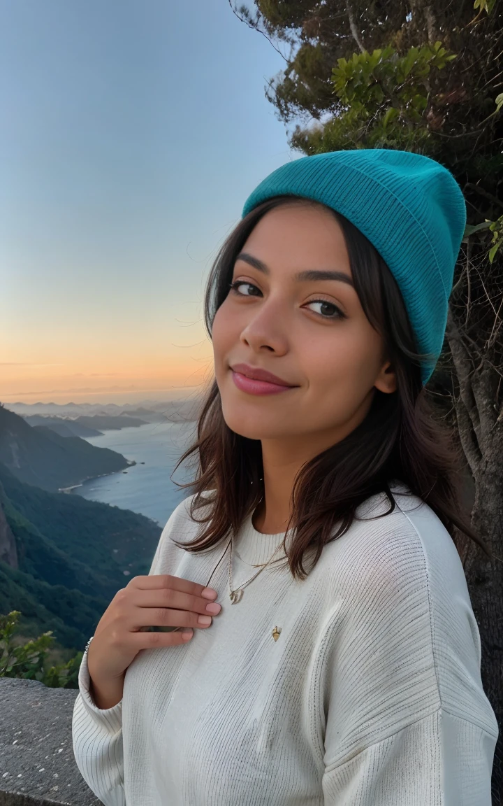 fotorrealista, melhor qualidade, ultra-detalhado, linda mulher, Fotos Selfie, tronco, Sozinho, wearing pullover, ao ar livre, (noite), montanhas, A natureza na vida real, estrelas, Lua, (seios grandes alegres, alegria), saco de dormir, luvas, sweater, gorro, lanterna, floresta, pedras, rio, madeira, smoke, nevoeiro intenso, clear sky, analog style, ver o visualizador, textura da pele, Film grain, fechar-se, ultra-high resolution, melhor sombra, primitivo, Instagram LUT